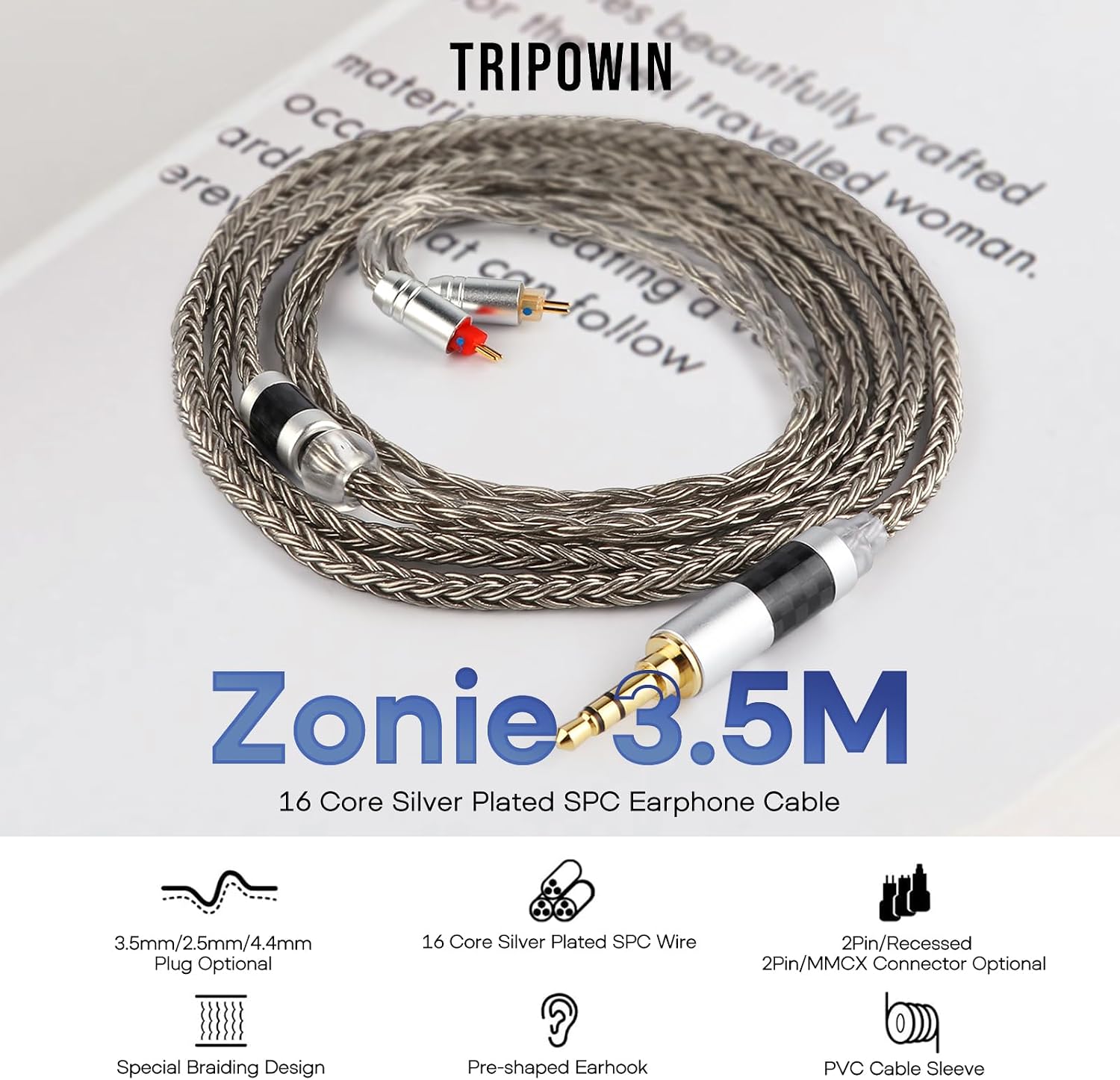 Detalle 2 de Tripowin Zonie IEM câble SPC argenté 16 brins (1,25 m) pour écouteurs avec 2 broches 0,78 mm ou 4,4 mm