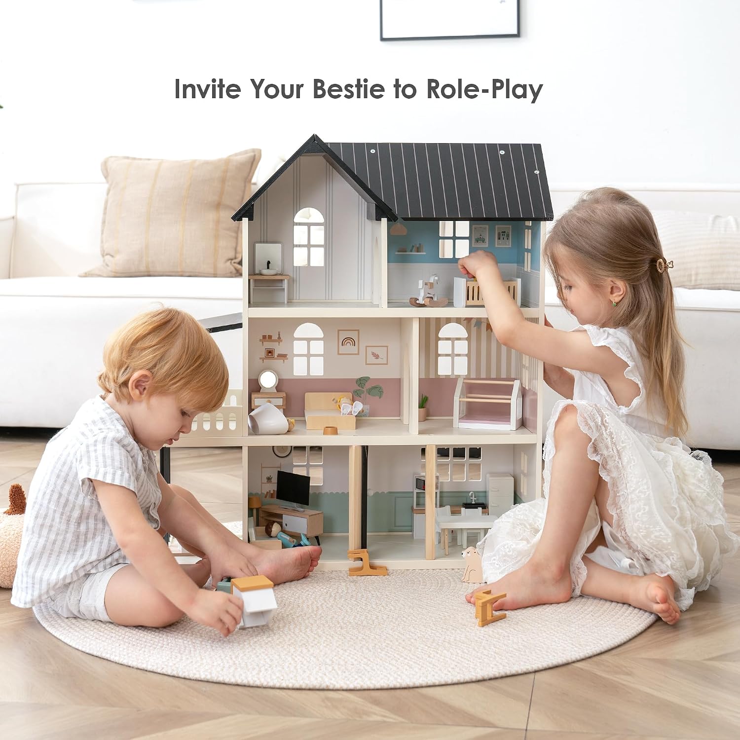Thumbnail 1 de Wooden Dollhouse for Kids: 6-Room Modern Open-Plan Playset with 26 Furniture Pieces
