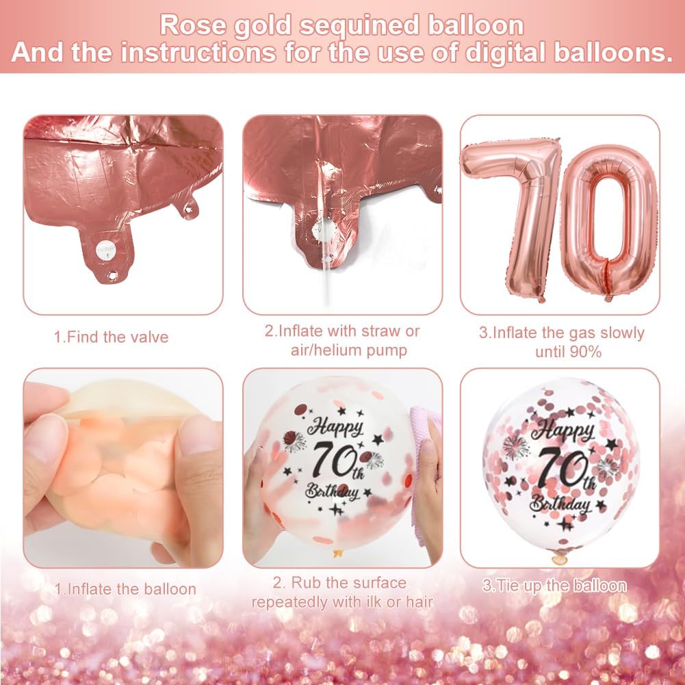 Thumbnail 2 de 70th Birthday Decorations Retro Pink & Rose Gold Set (Double Digits) for Women & Girls