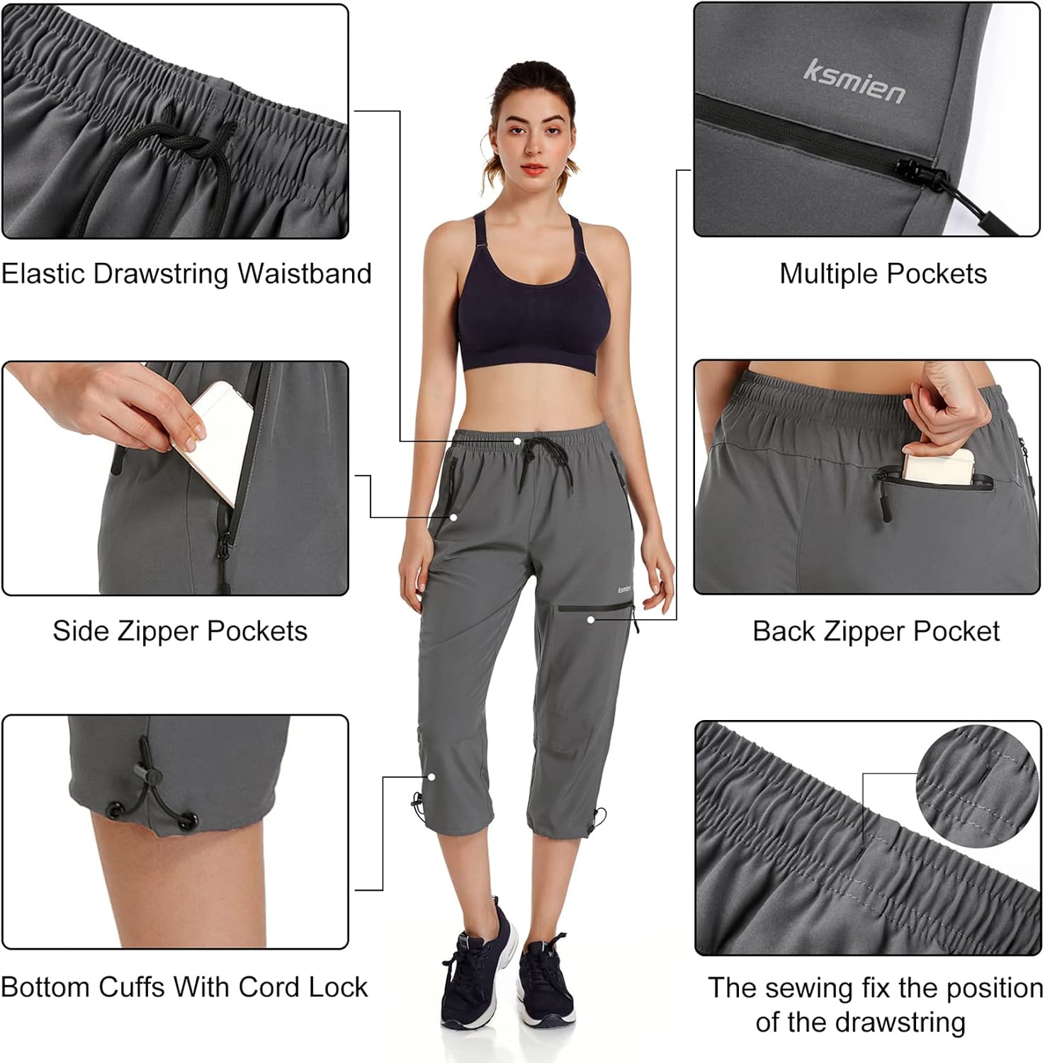 Detalle de Ksmien Women's Lightweight Hiking Capri Pants with Quick-Dry, Water-Resistant Fabric, UPF 50+ and Zipped Pockets