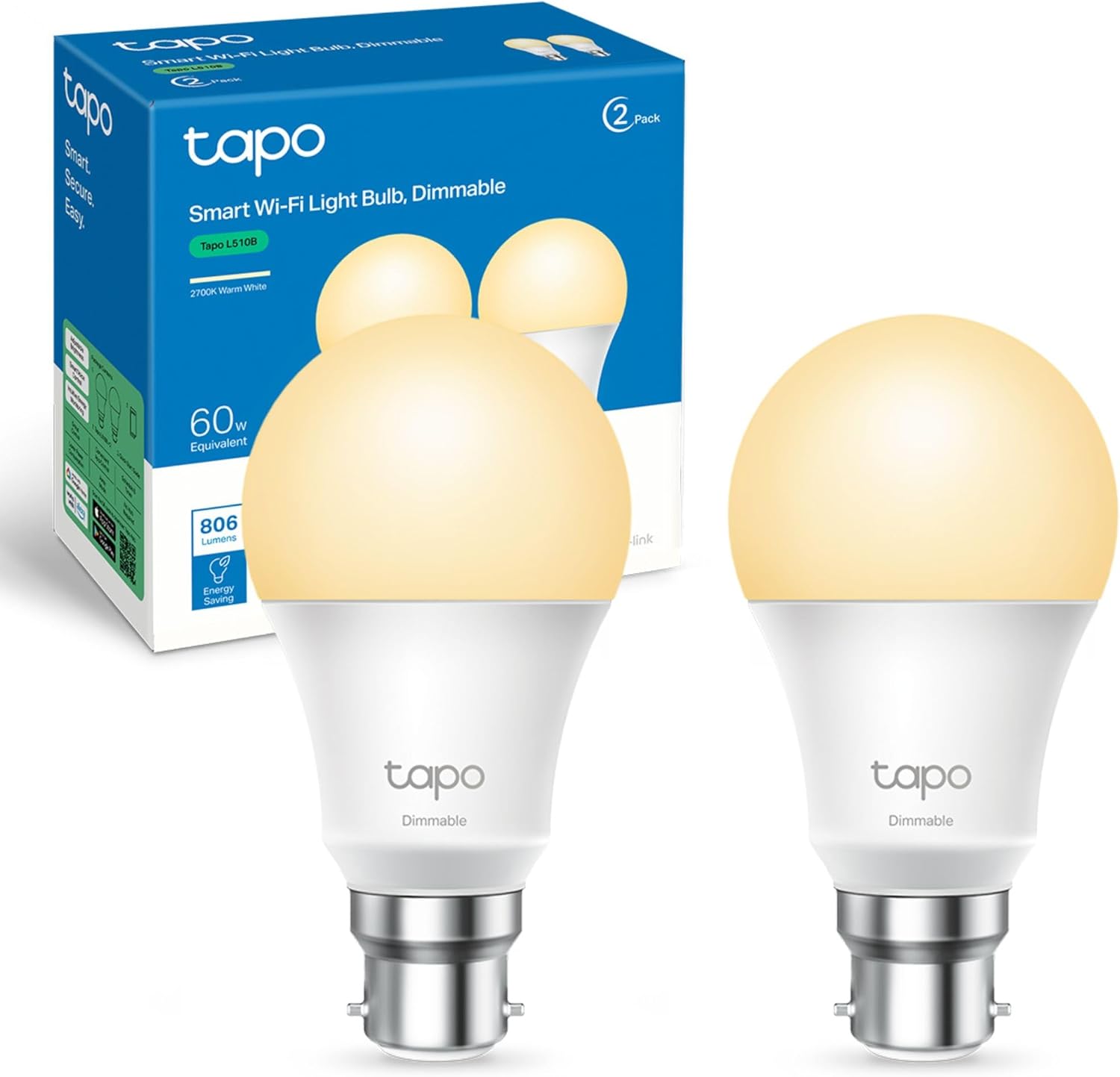 Tapo L510B 8.3W B22 smart bulb (2‑pack)