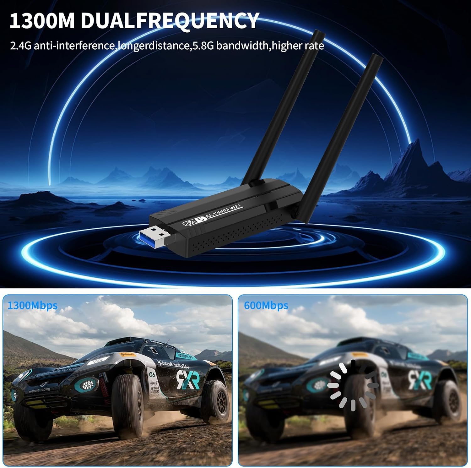 Detalle de USB WLAN Stick Adapter für PC – 1300 Mbps, USB 3.0, Dual Band 2.4/5.8 GHz mit 2x5 dBi Antennen