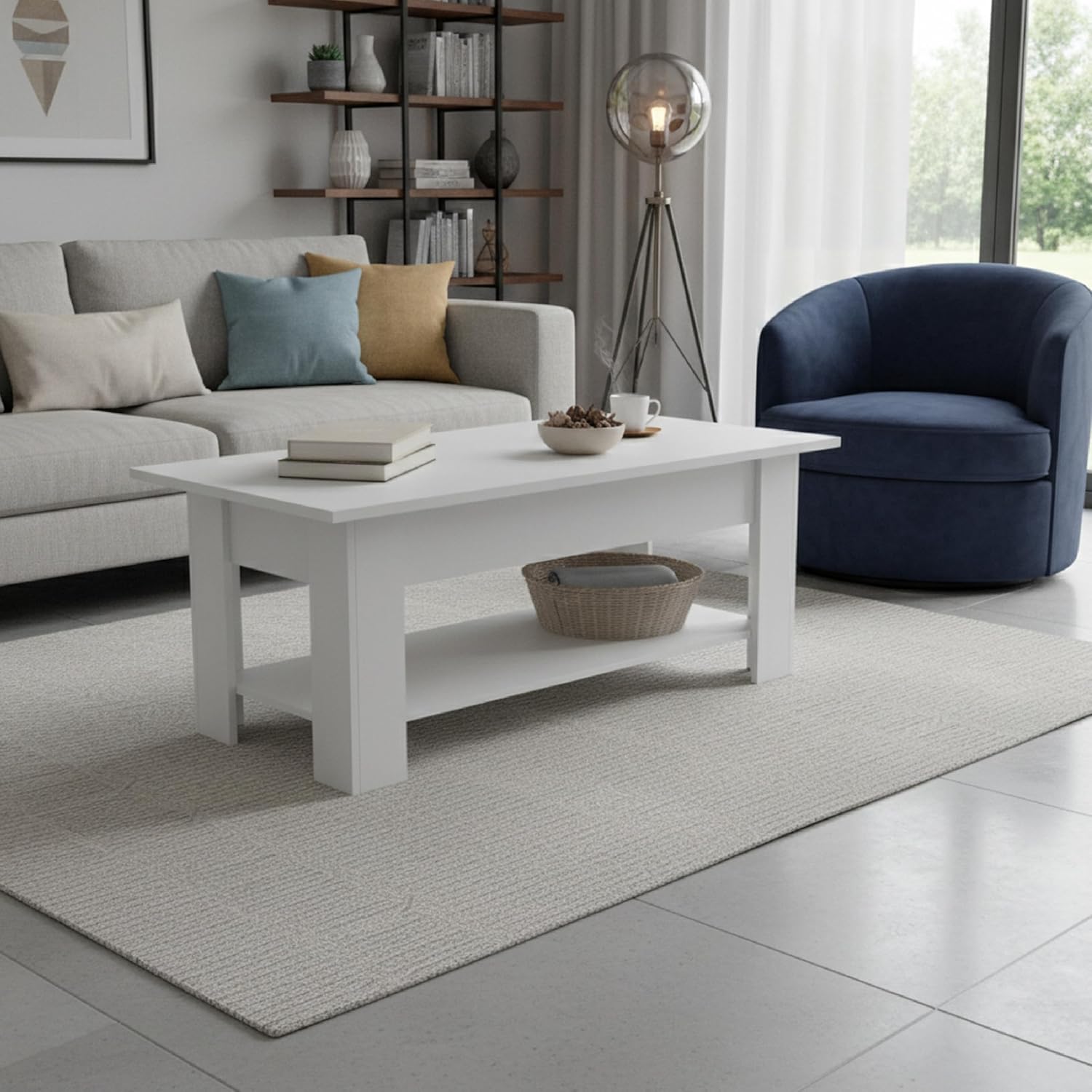 Detalle 2 de Baroni Home Tavolino da Caffè con Piano Sollevabile e Contenitore Interno – bianco, 100x40x41,5 cm