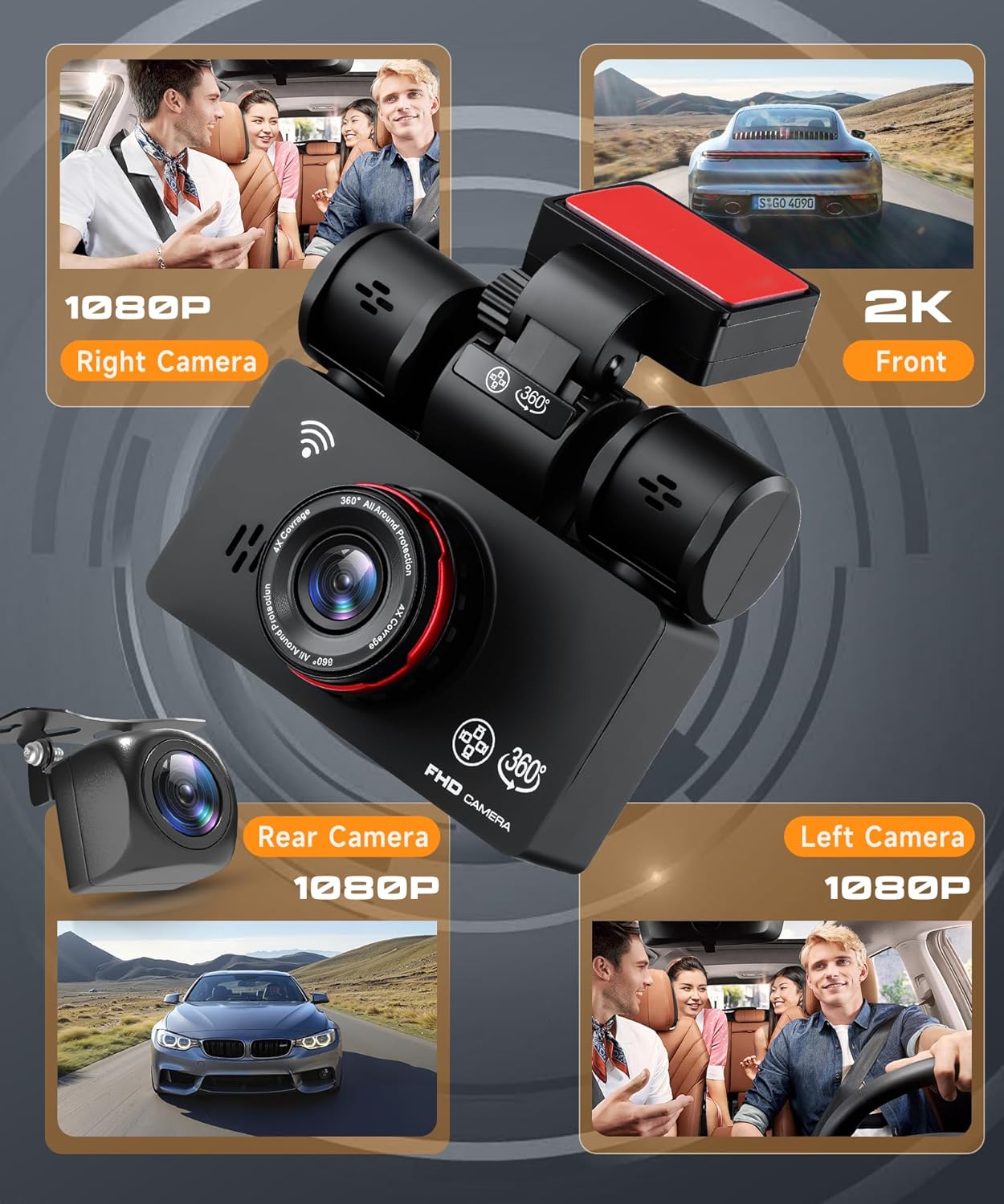 Thumbnail 2 de 4 Canali 360° WIFI Dashcam Auto – 2K+1080P con 4 telecamere e visione notturna IR, controllo APP e parcheggio 24h