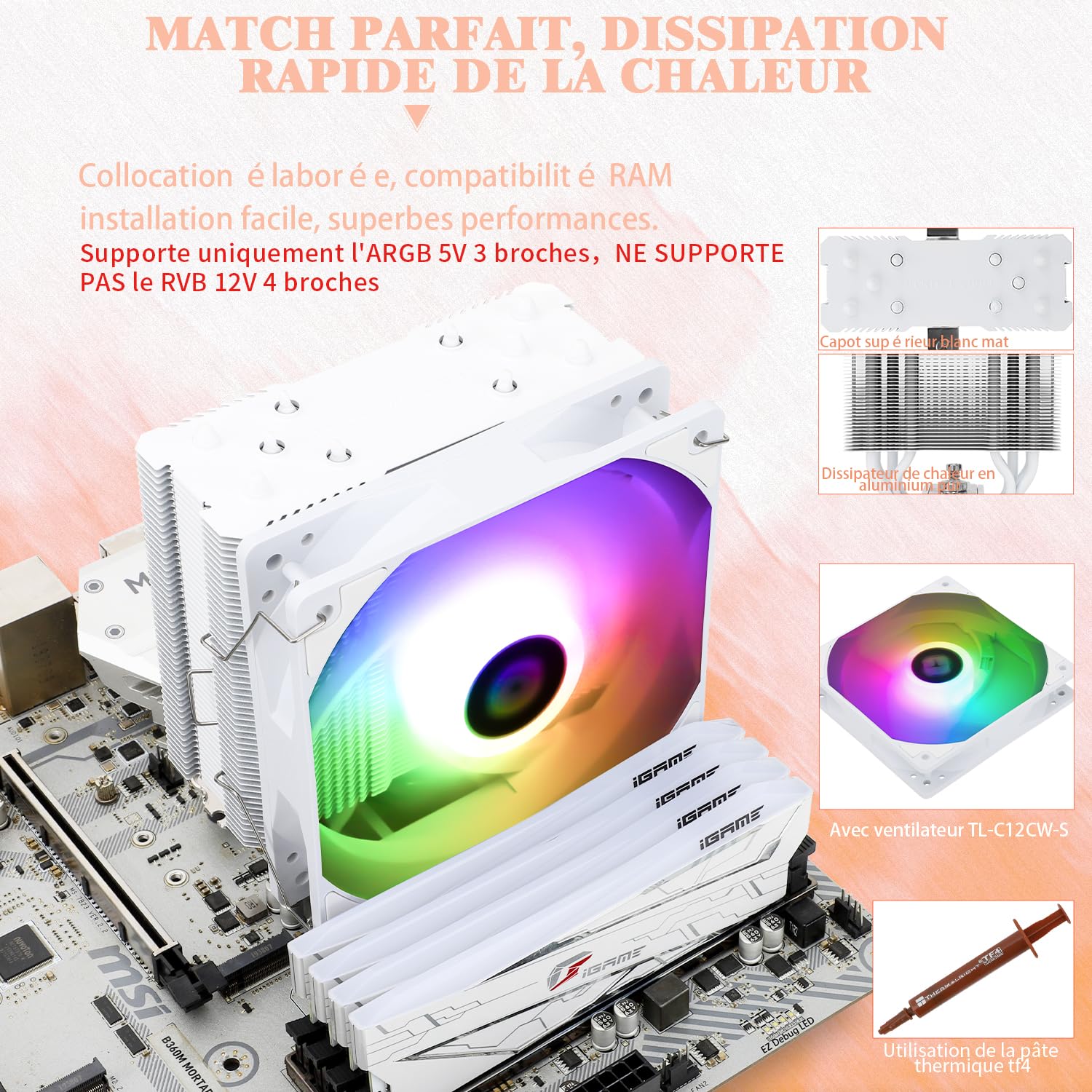 Thumbnail 3 de TR Assassin King 120 SE White ARGB CPU-Luftkühler (5 Heatpipes, PWM, TL-C12CW-S) für AMD AM4/AM5 & Intel 115x/1200/1700