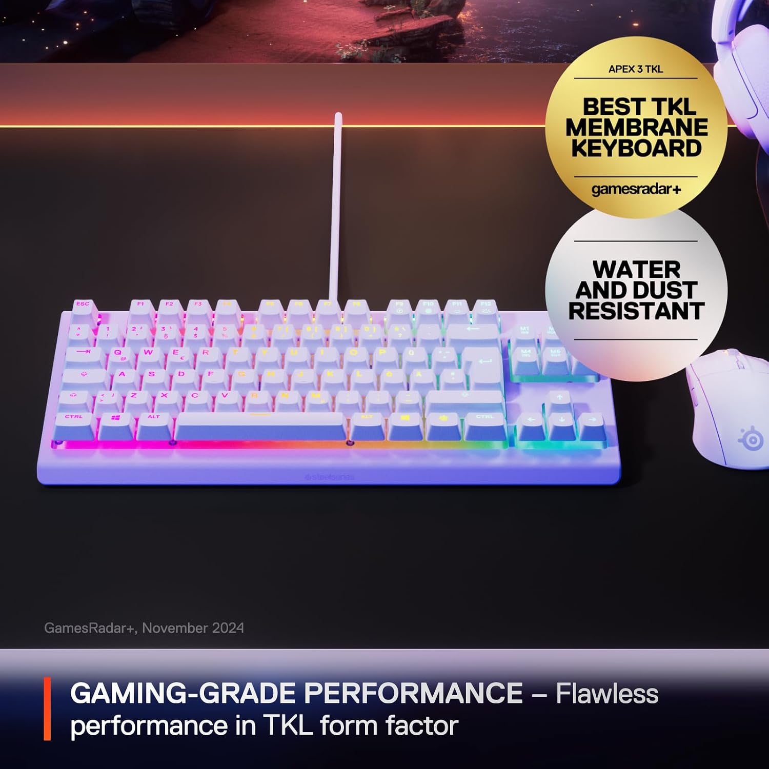 Detalle de SteelSeries Apex 3 TKL gaming keyboard (Silent) with 8-zone RGB, IP32 protection and American QWERTY, Lavender