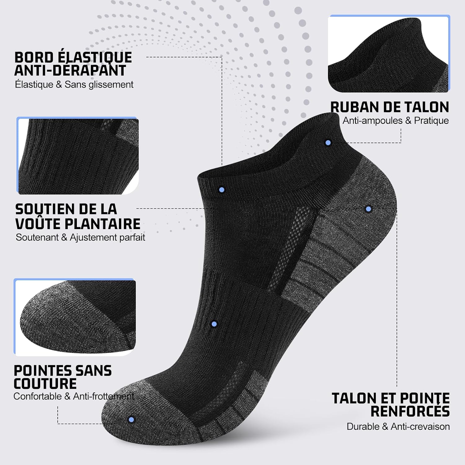 Detalle de Effeet 10 Paires Chaussettes Basses Homme Femme – Coton Respirant, Antidérapantes, Sport Unisexe