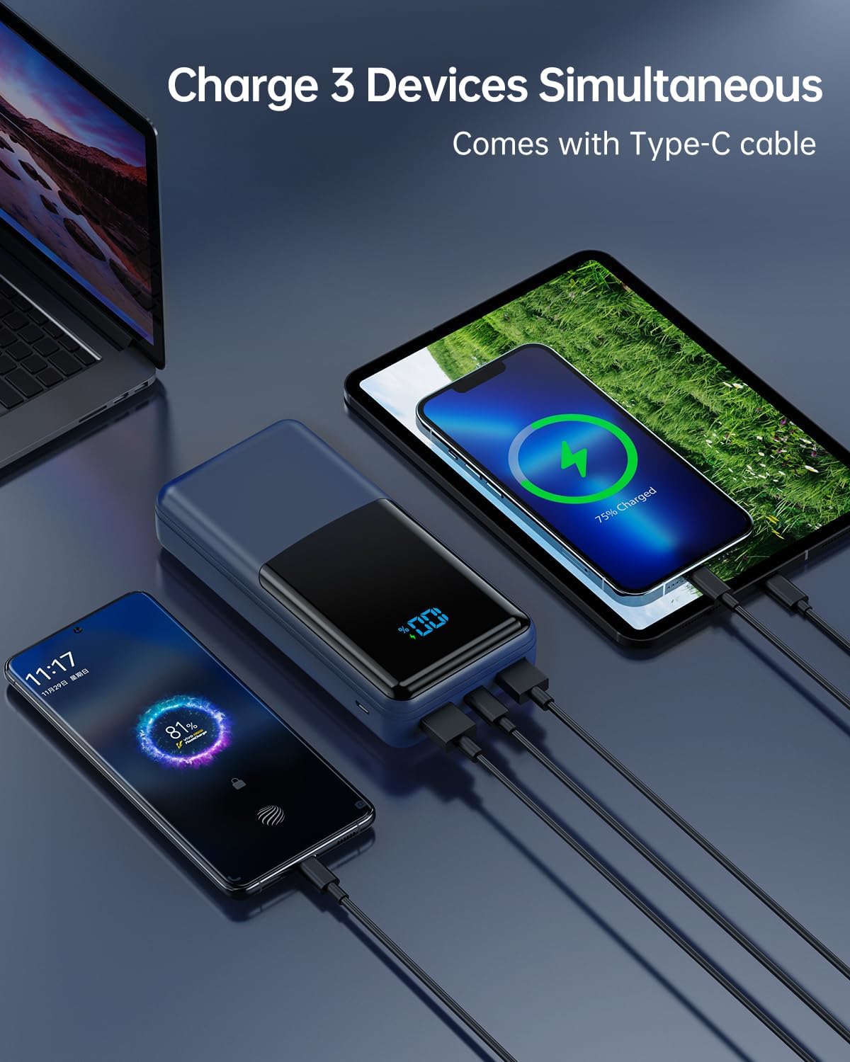 Detalle de Coblob 27000mAh power bank with PD 3.0 fast charging, USB-C & micro inputs, 3 outputs (white)