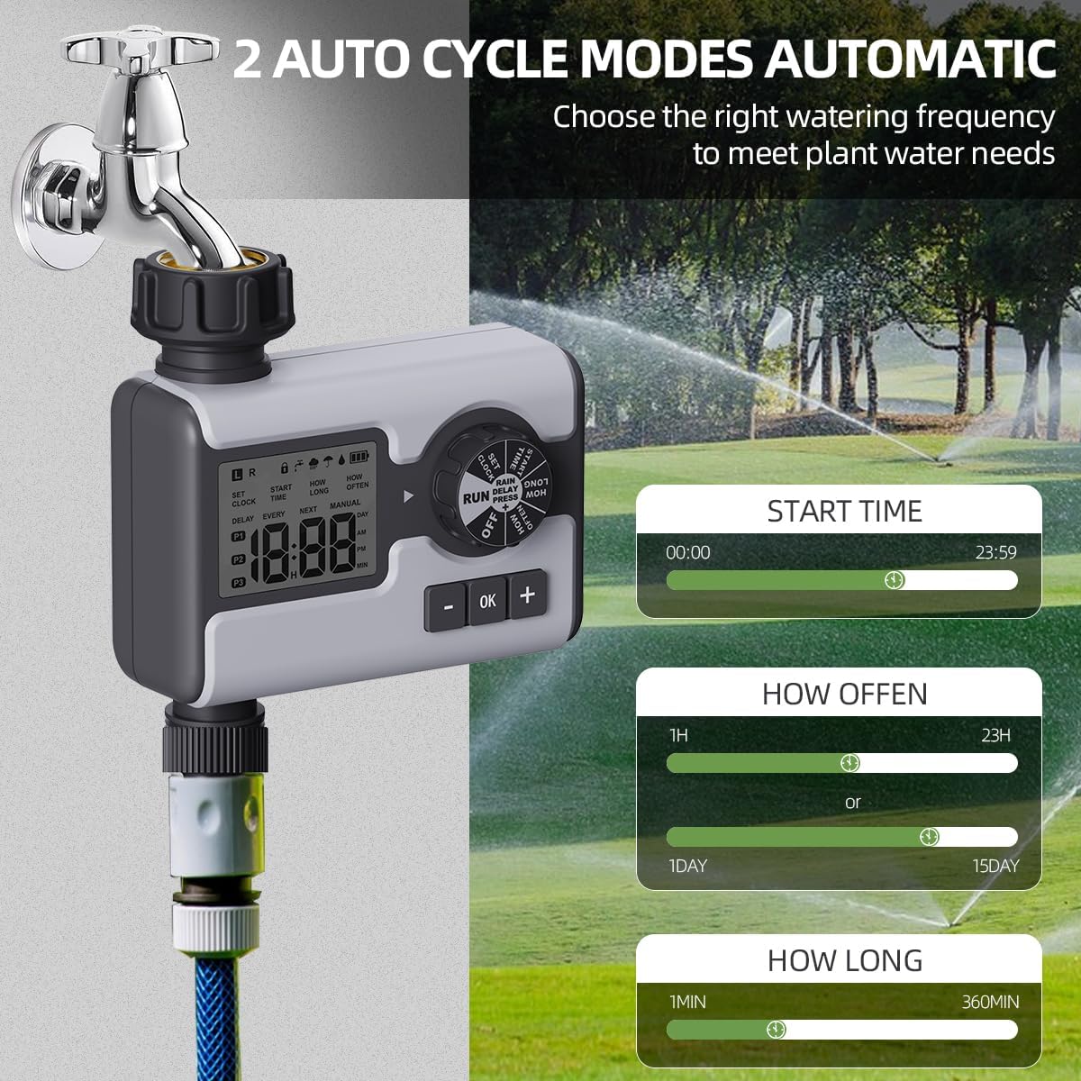 Detalle de Aqualin Timer per irrigazione da giardino con 3 programmi, ritardo pioggia e modalità manuale