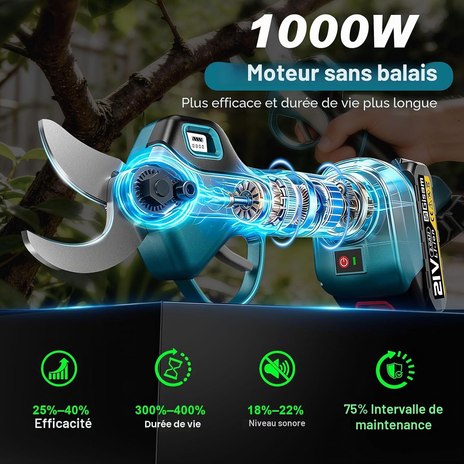 Detalle de Sécateur électrique avec perche Highsam : 2-en-1, portée 4,2 m et moteur brushless pour arbres fruitiers et jardins