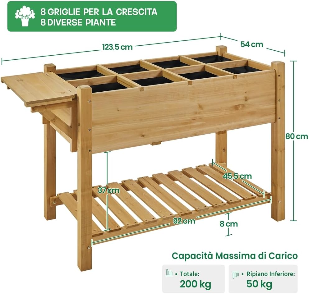 Thumbnail 1 de Yaheetech Fioriera rialzata in legno FSC per balcone e giardino con griglie e ripiano pieghevole 123,5 x 54 x 80 cm