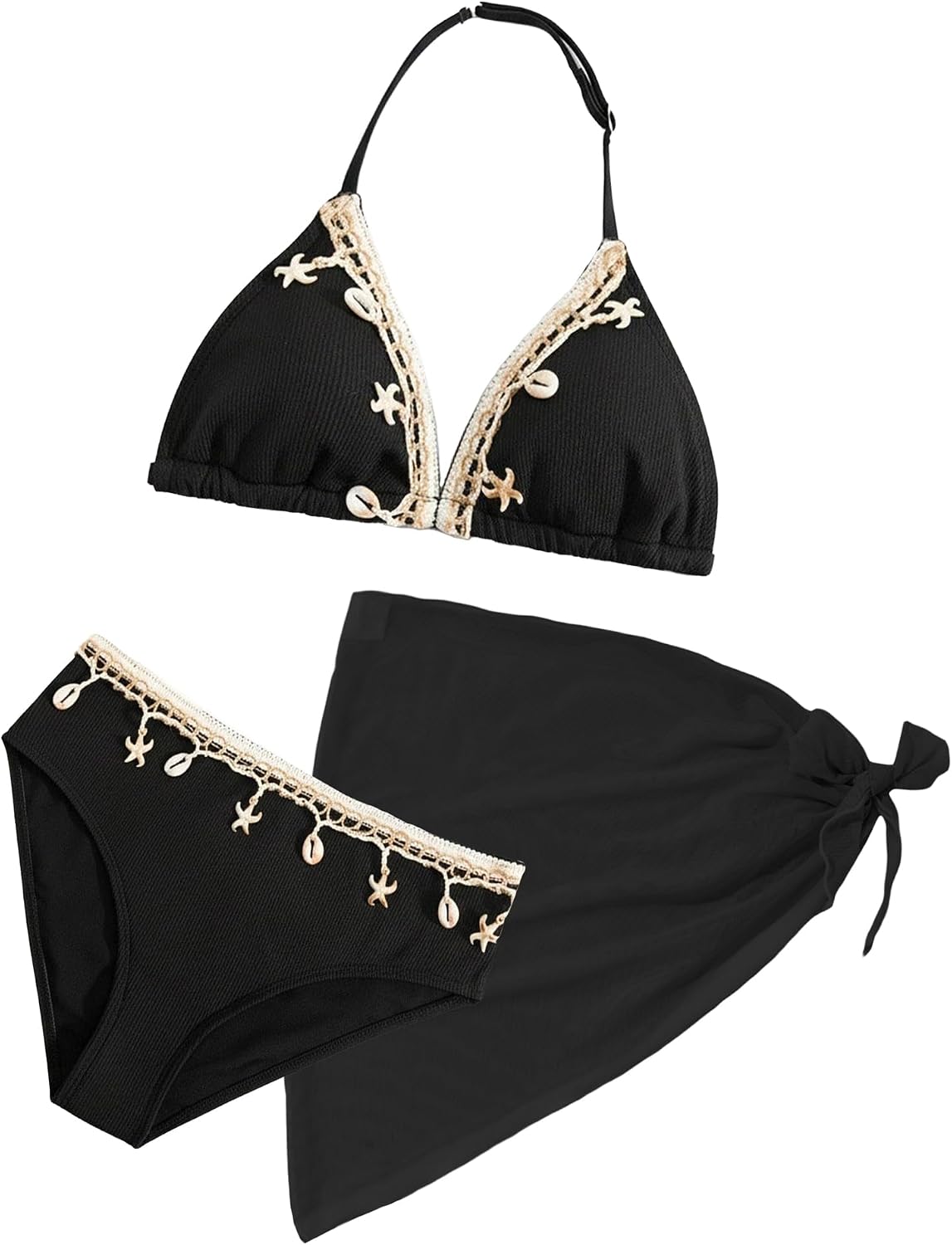 Detalle de Girls 3 Piece Ribbed Bikini Set with Chest Pad, Backless Halter Neck Triangle Swimsuit and Beach Skirt – 8-12 Years