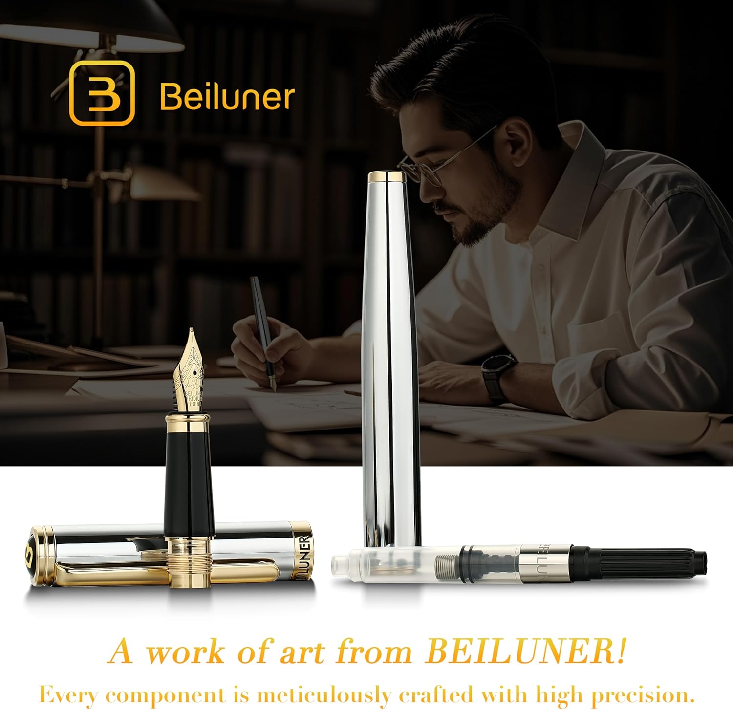 Thumbnail 5 de BEILUNER Penna Stilografica di Lusso: eleganza cromata con pennino 24K e kit completo