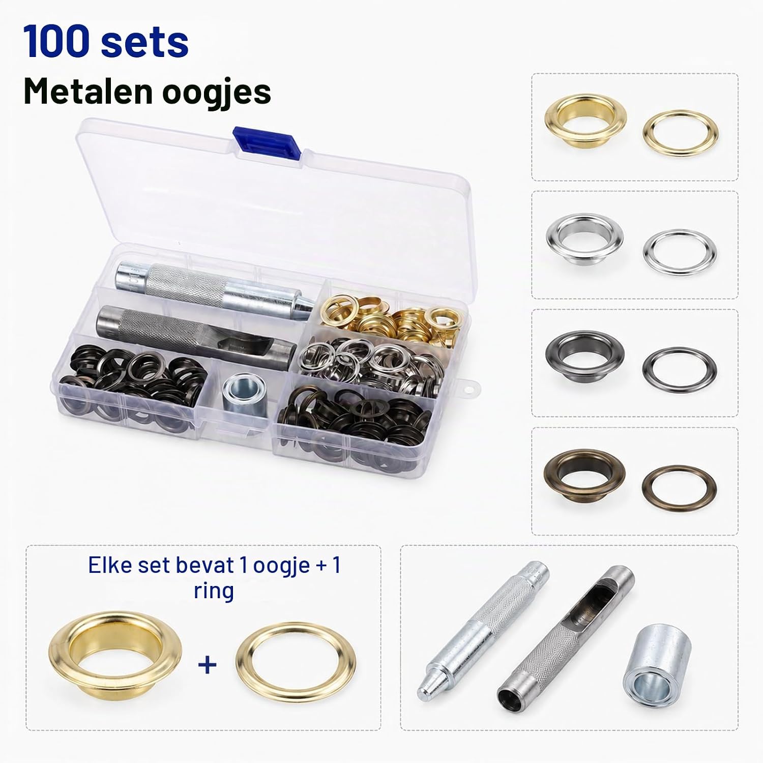 Detalle de Zocipro HBT-D112 oogjestangset met 100 metalen ogen van 12 mm in 4 kleuren