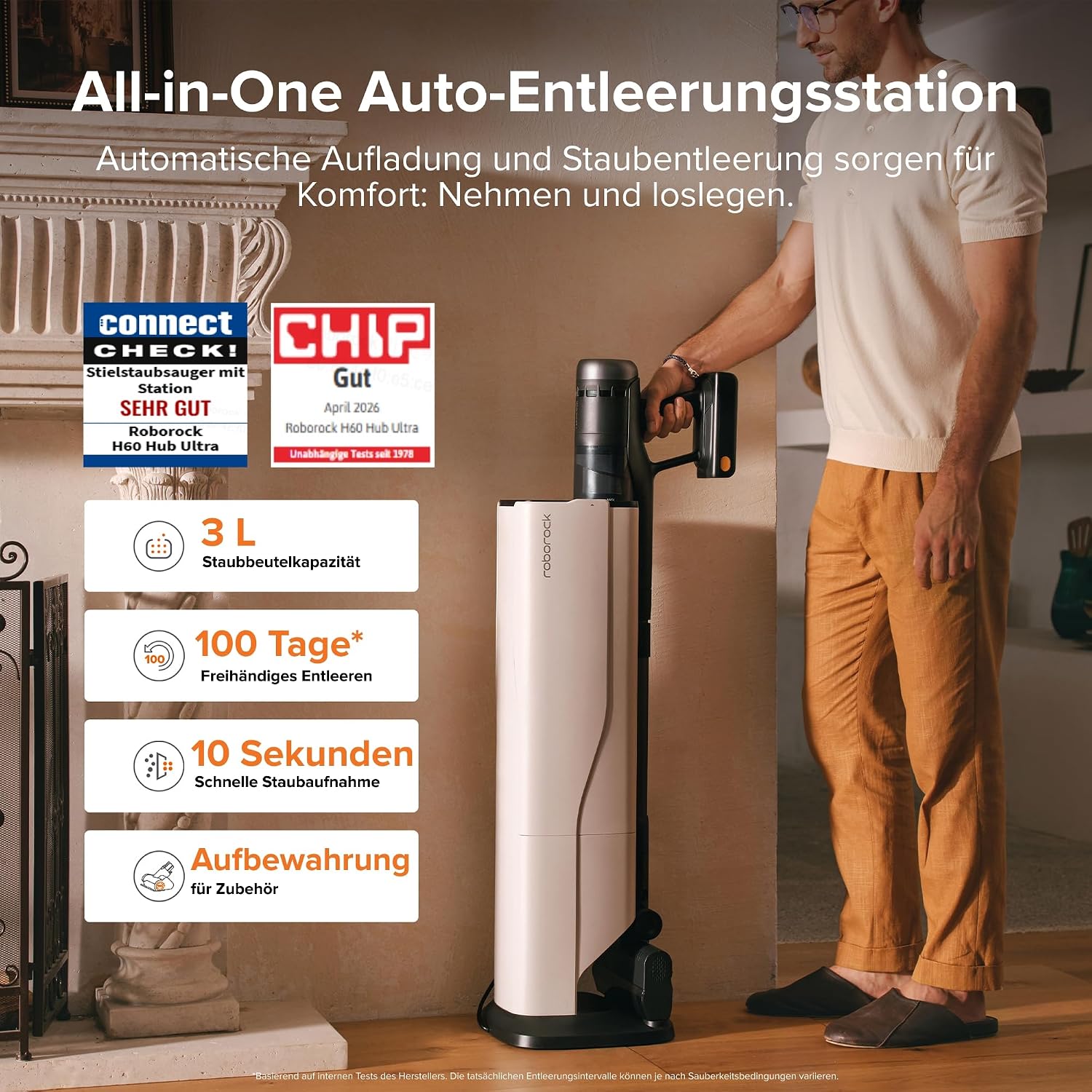 Detalle de roborock H60 Hub Ultra Akku-Staubsauger mit Absaugstation – 210 AW, 90 Minuten Laufzeit