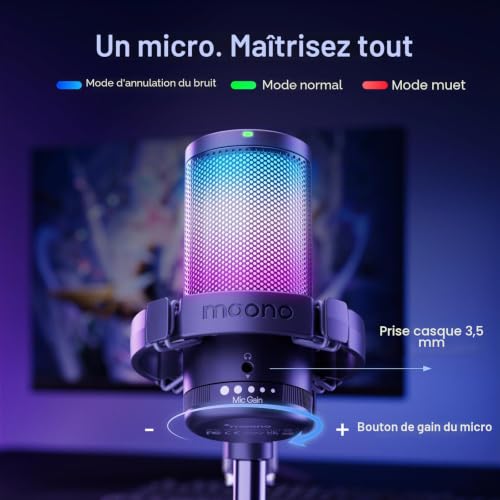 Detalle de MAONO USB Micro Gaming DGM20S — Microphone condensateur USB avec RGB, réduction du bruit et bras robustes