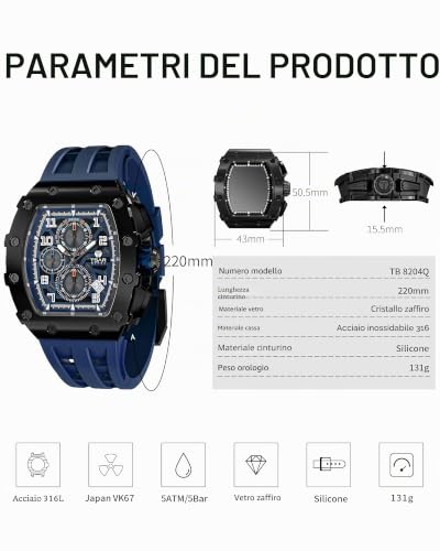 Detalle 2 de TSAR BOMBA Orologio Uomo Tonneau Design Impermeabile 50M – Cronografo Elegante in Acciaio 316 Lunetta