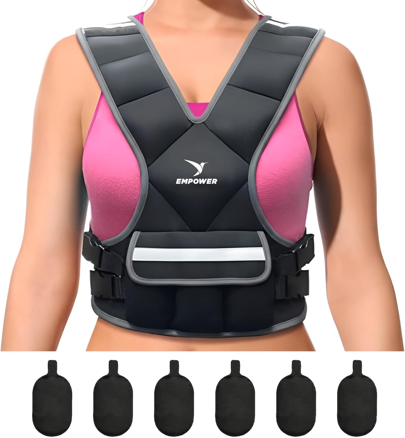 Detalle de EMPOWER Weighted Vest for Women with Reflective Strips — 4 in 1 (8 lbs fixed or 10–16 lbs adjustable) for Enhanced Workouts