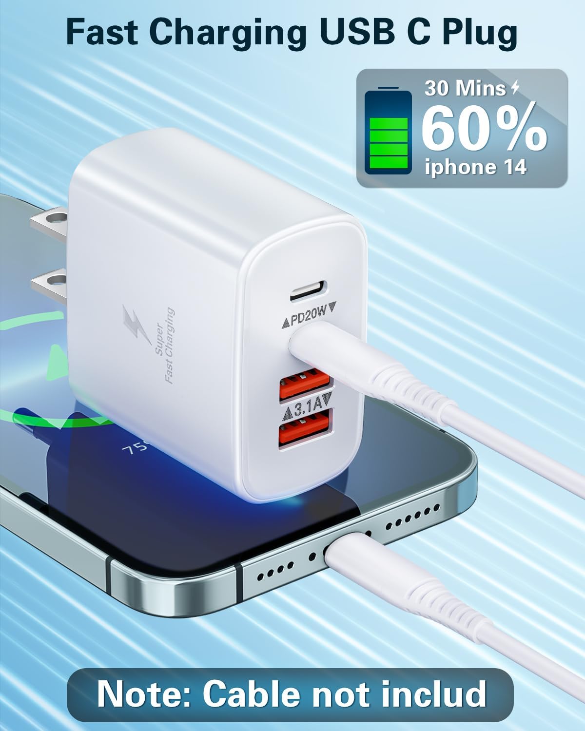 Detalle de BECHAGE USB C Charger Block 40W, 2-Pack: 4-Port Fast Charging Wall Chargers (2x USB-C + 2x USB-A) with PD & QC 3.0