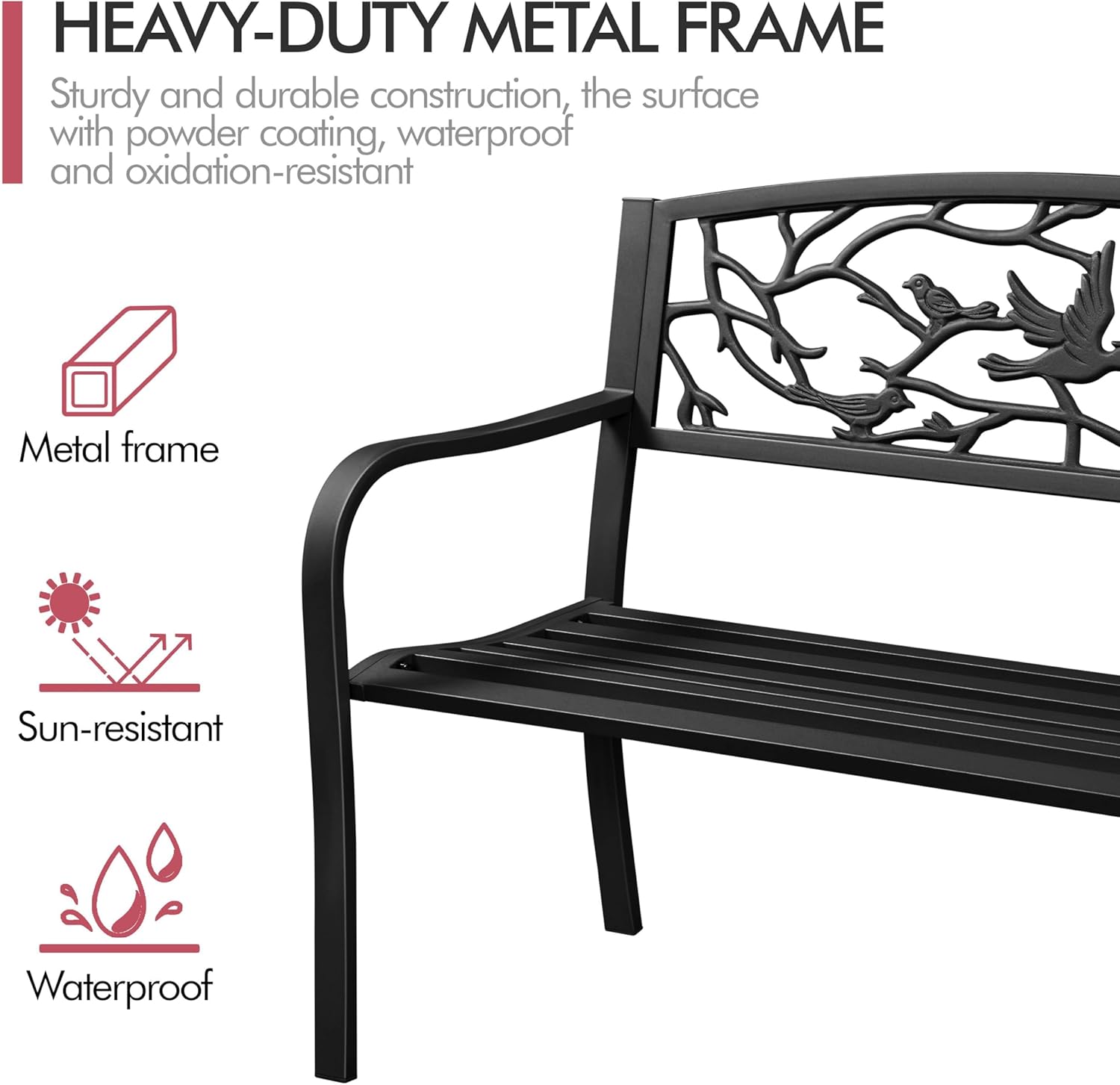 Thumbnail 6 de Yaheetech panca da giardino in ferro 127×52×86 cm con braccioli e schienale decorato, portata 180 kg, colore nero