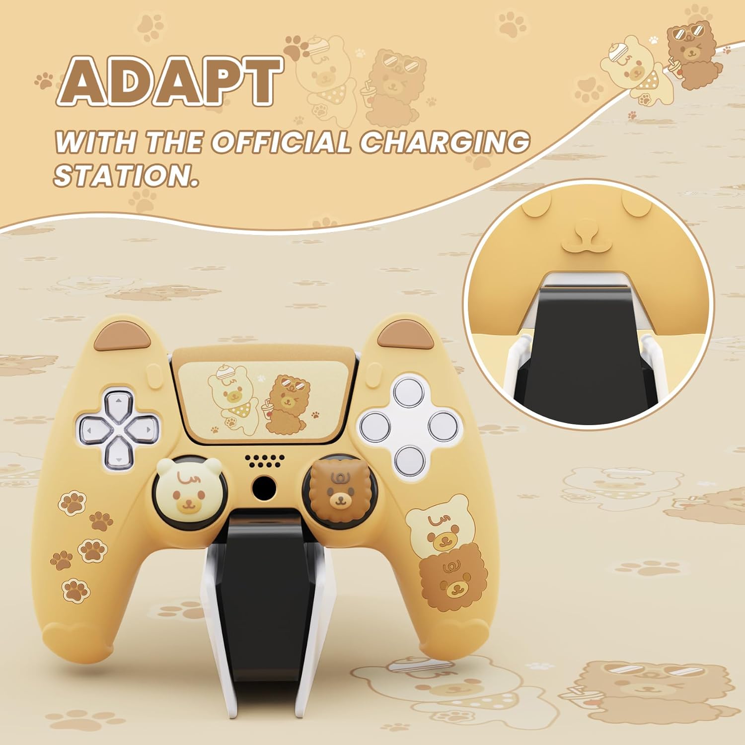 Detalle de PlayVital Cute Bear Controller Silicone Case for PS5 – Bear-Themed Cover with Touch Pad Sticker & Thumb Grips (Yellow & Brown)