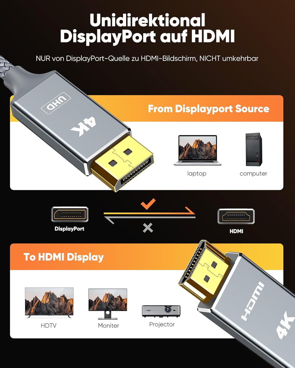Thumbnail 5 de Snowkids DisplayPort-zu-HDMI-Kabel (DP auf HDMI) 4K, 1 m – einseitig, Plug & Play