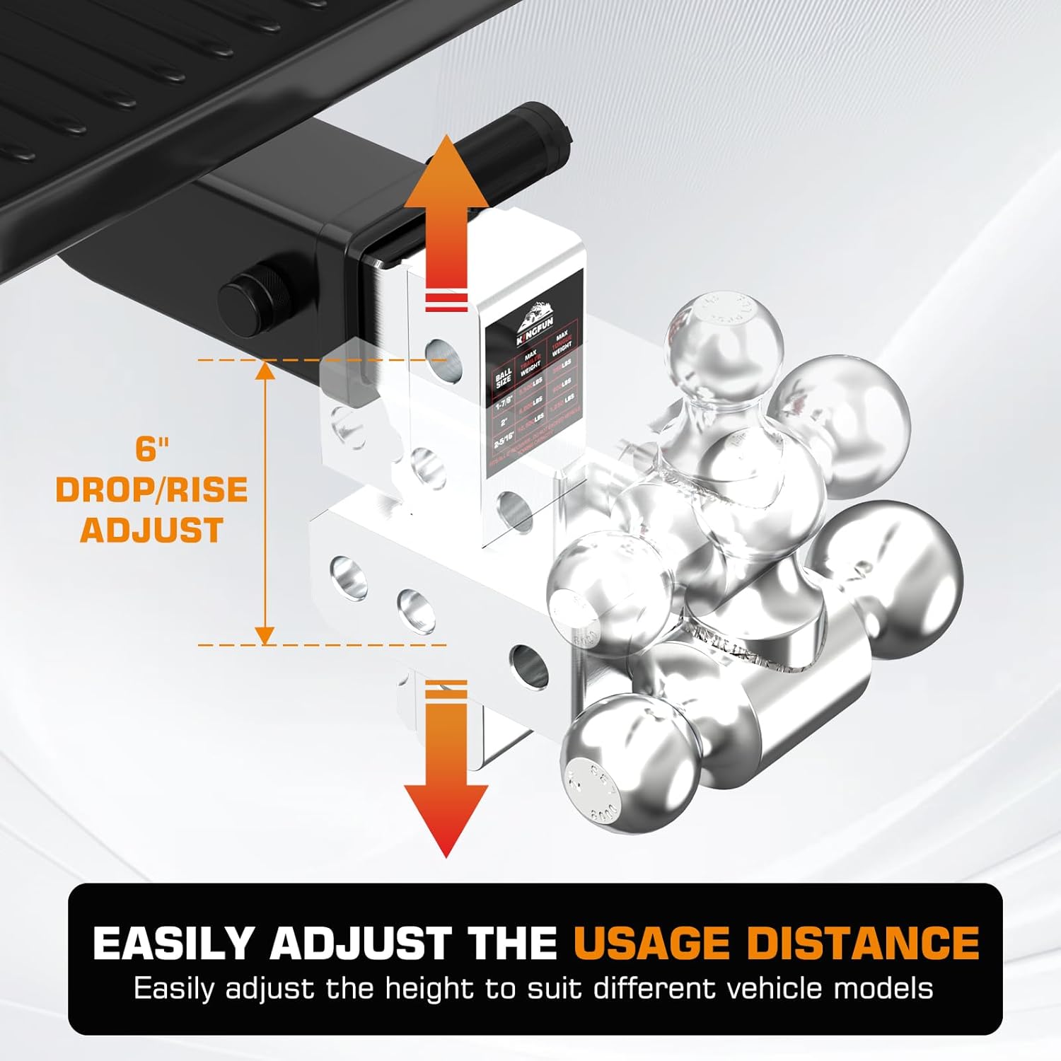 Thumbnail 3 de Kingfun Adjustable Trailer Hitch (2-Inch Receiver) with Tri Ball, 6-Inch Drop/Rise, 12,500 LBS GTW Aluminum Tow Hitch