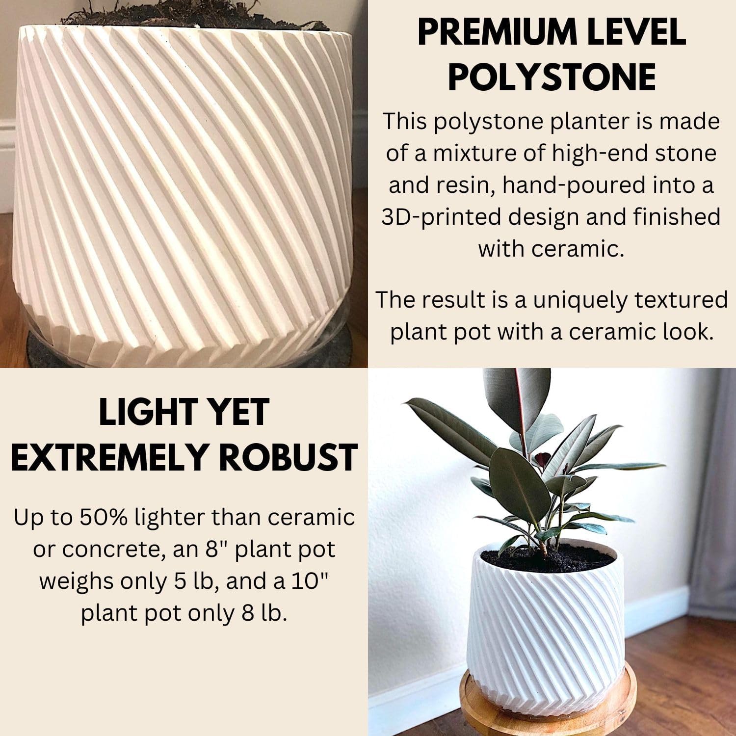 Detalle de Fox & Fern PP-MUTI-L-SA Plant Pots, Set of 2, Matte White Polystone