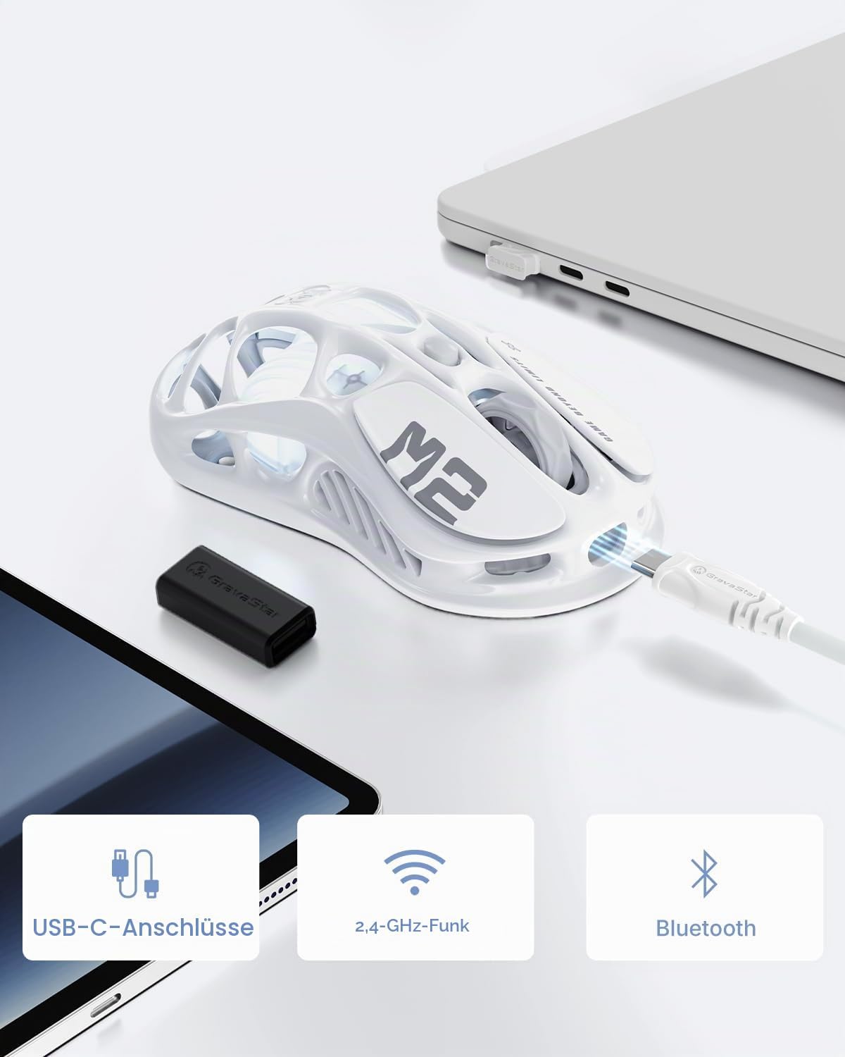 Thumbnail 4 de GravaStar Mercury M2 Gaming-Maus kabellos (2,4 GHz/Bluetooth/Kabel) mit bis zu 26.000 DPI, 79 g und PAW3395