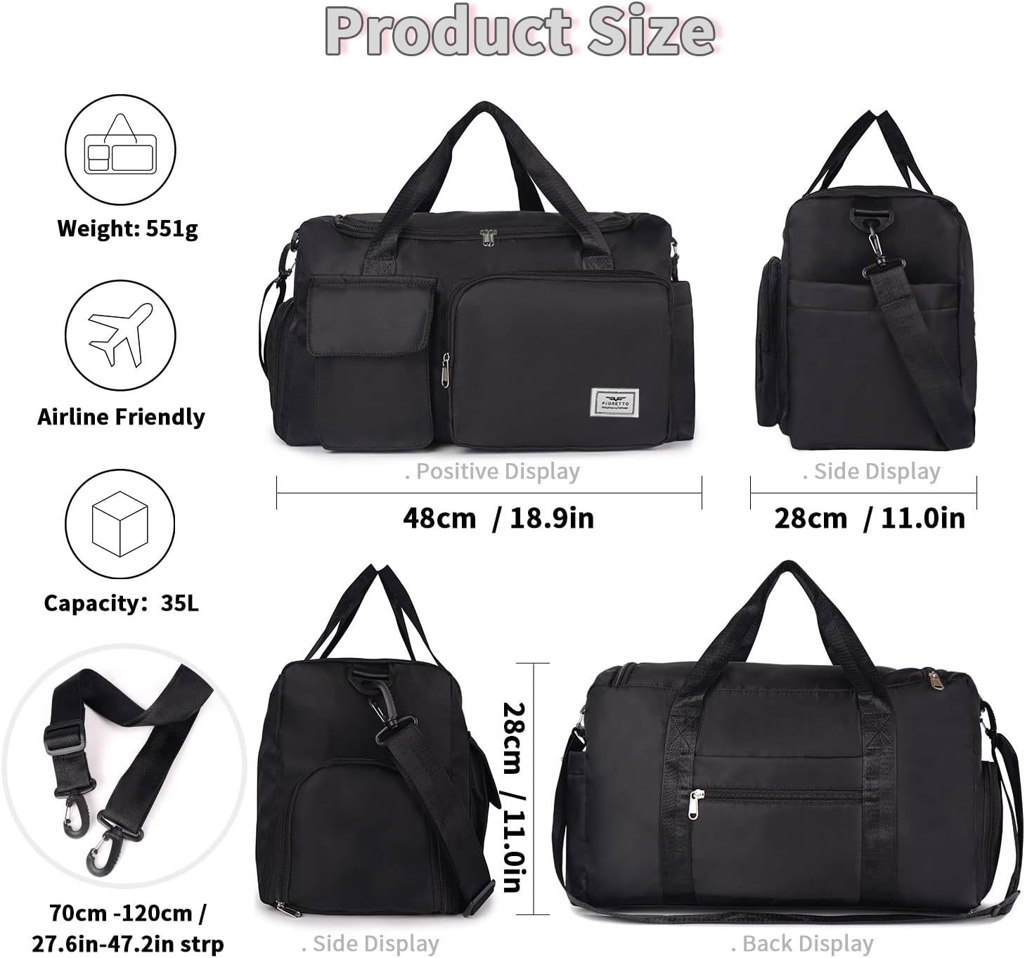 Detalle de Fioretto FIORETTO 35L Damen Sporttasche: faltbare Reisetasche mit Schuhfach & Nassfach