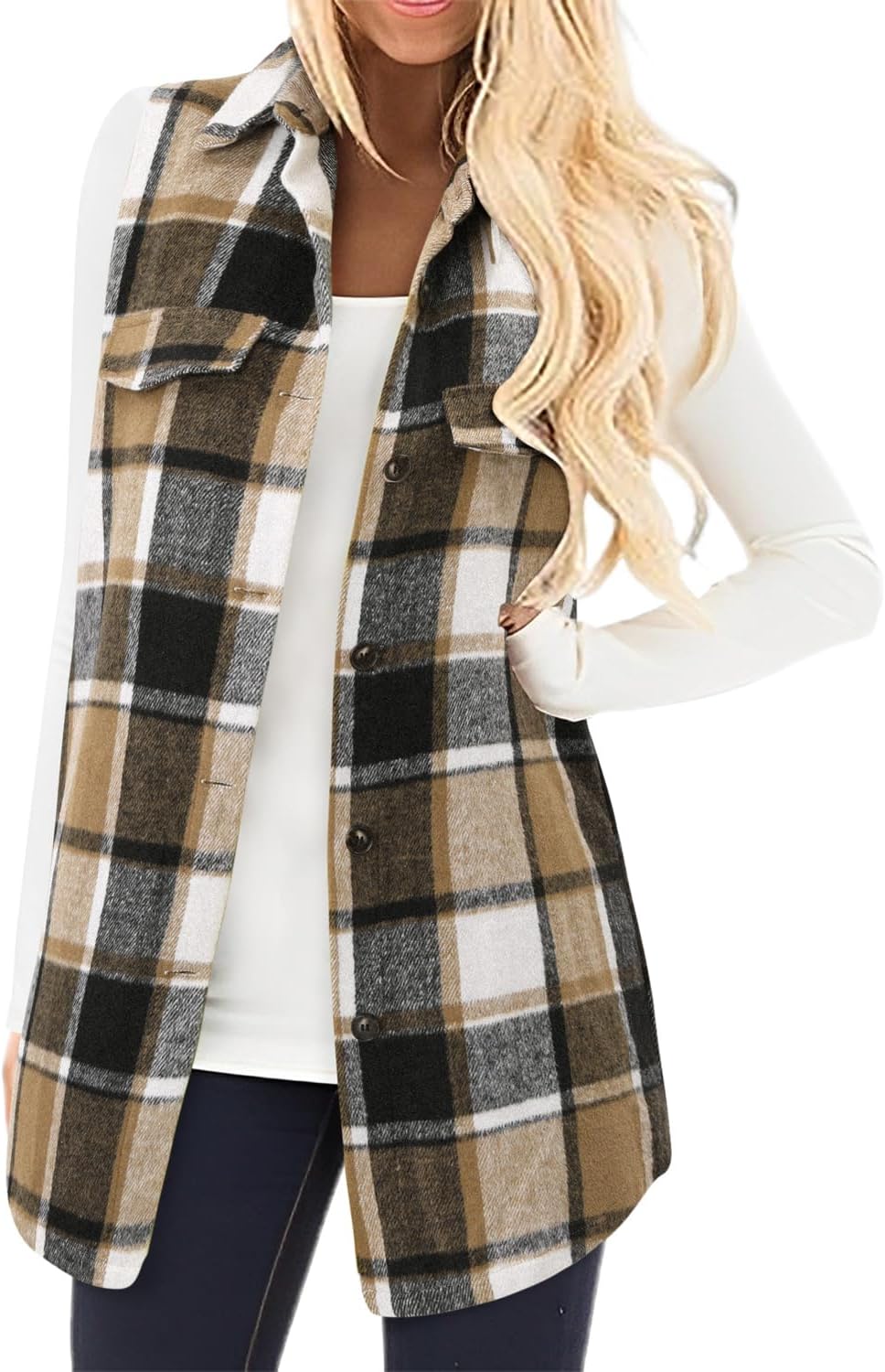 Detalle 2 de BETTE BOUTIK Women's Plaid Flannel Vest, Lightweight Sleeveless Button-Front