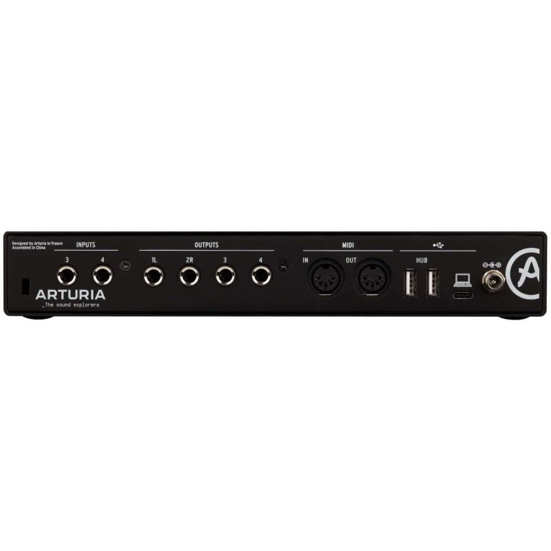 Detalle de Arturia MiniFuse 4: interfaz de audio y MIDI USB compacta (negra) para estudio en casa