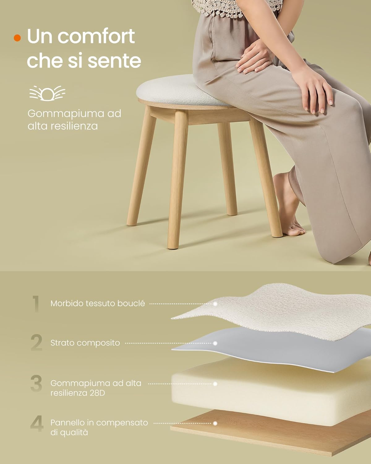 Thumbnail 4 de SONGMICS HOME BOHOVEN Collezione - Sgabello da toeletta rotondo, gambe in legno, poggiapiedi e rivestimento bouclé, bianco crema/beige rovere