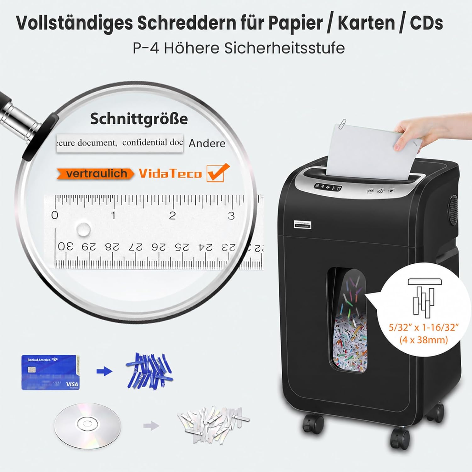 Detalle 2 de VidaTeco Aktenvernichter für Büro und Homeoffice – P-4 Kreuzschnitt, 20 Blatt, 60 Minuten Dauerbetrieb, leise 58 dB, 30 L Behälter