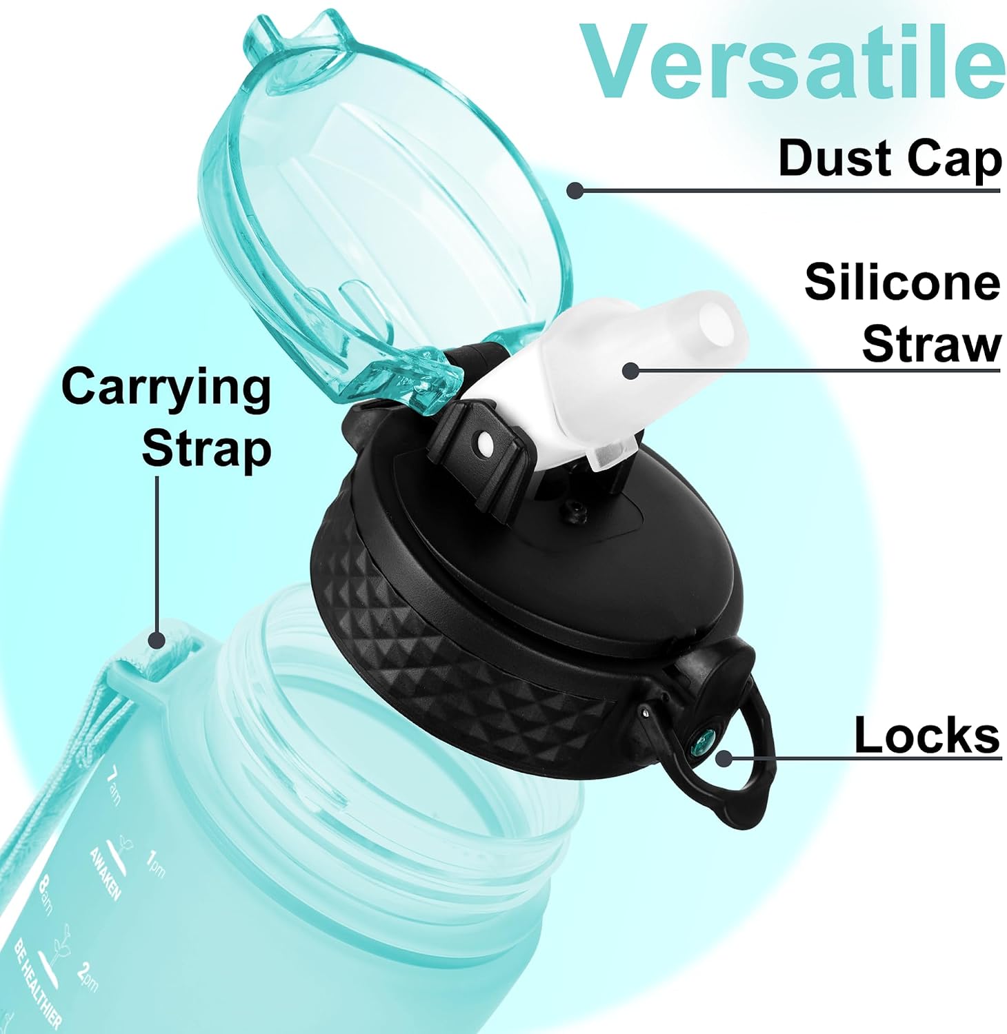 Detalle de GOPPUS 500ml Kids Water Bottle (Straw + Flip-Top Lid) with Strap, Leakproof, BPA Free, Time Markings (Green)
