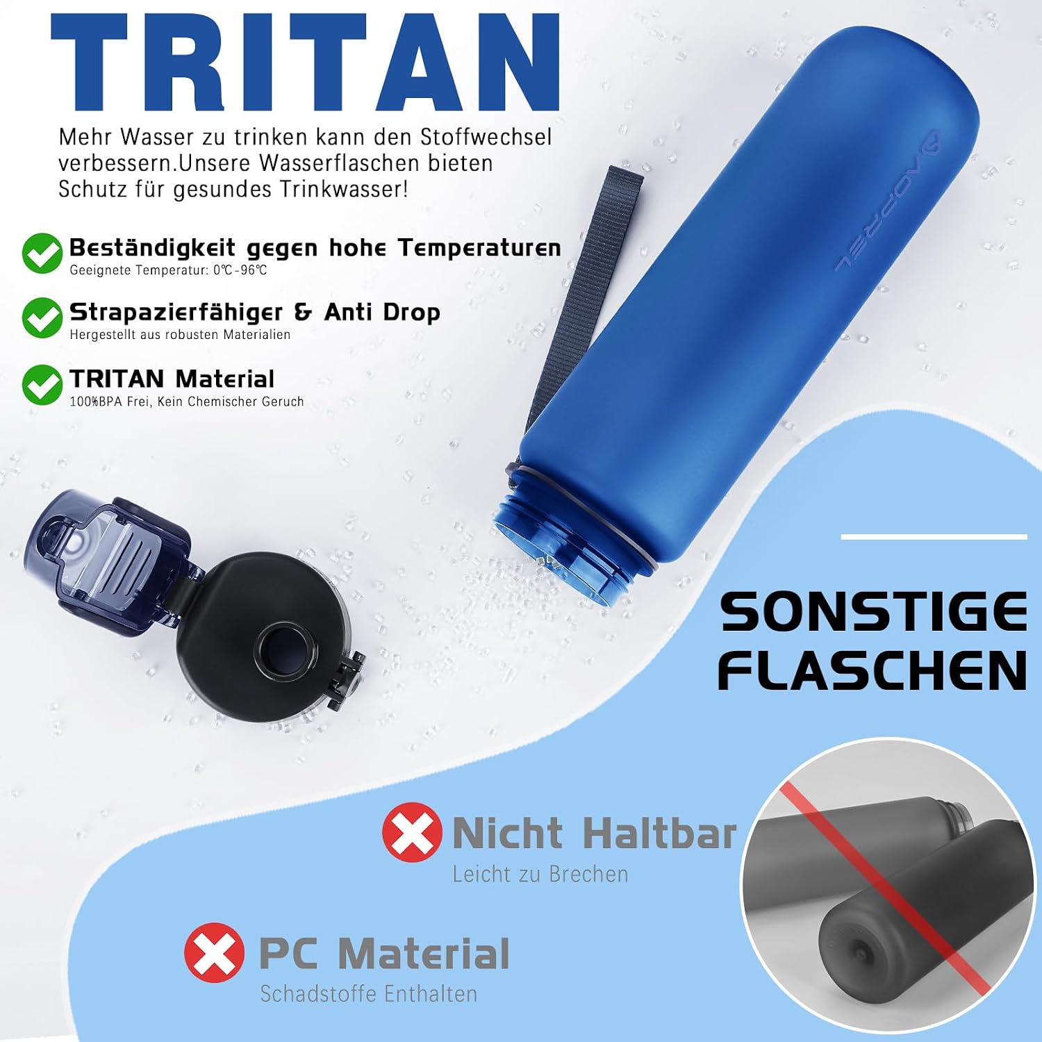 Detalle de AOPREL Trinkflasche 1 l aus Tritan, auslaufsicher, mit Filter und Bürste (BPA-frei)