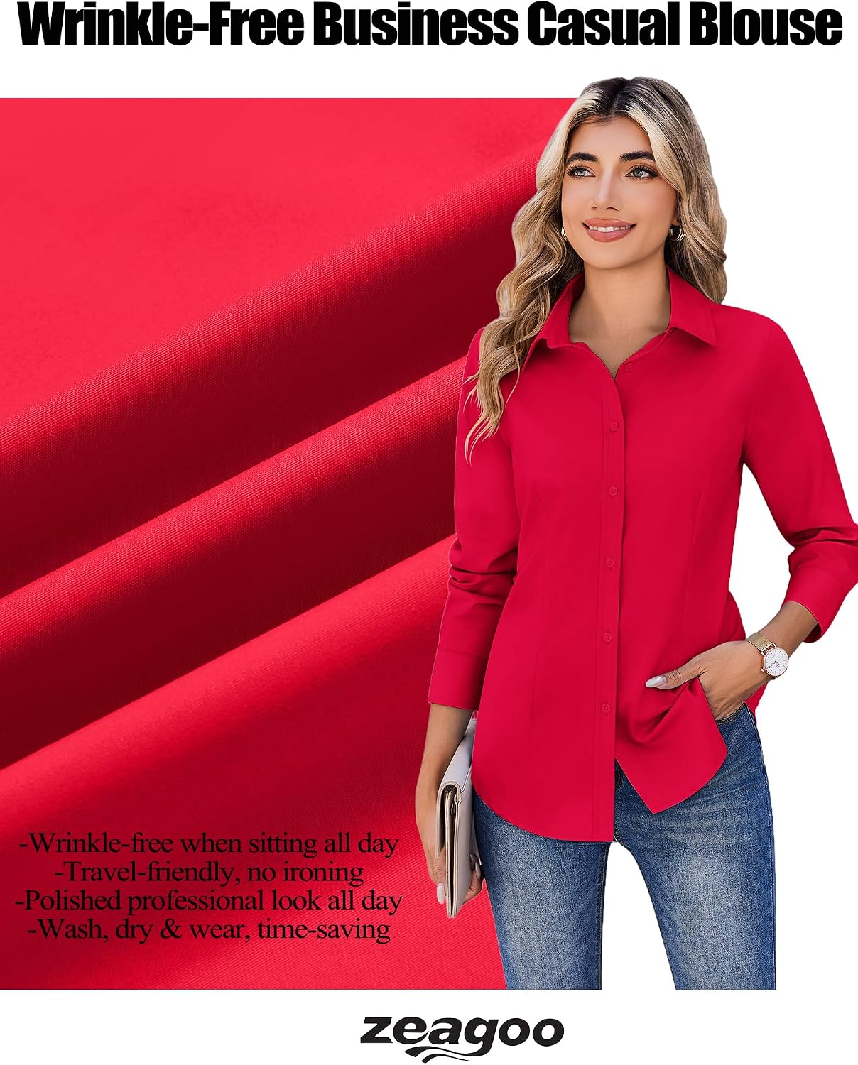 Detalle de Zeagoo Women's Wrinkle-Resistant Button-Down Shirt, Long Sleeve
