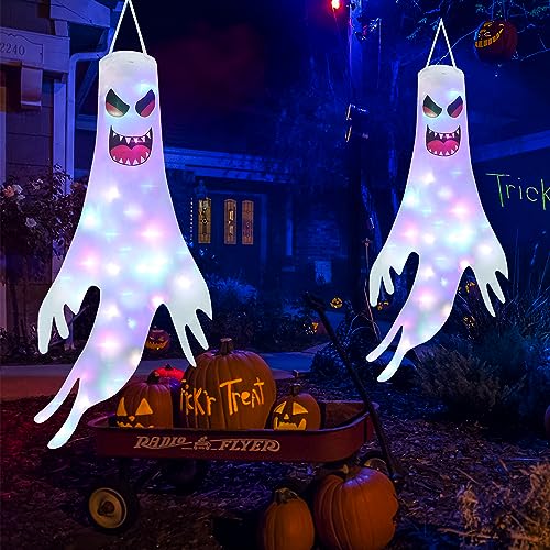 Detalle de Qedertek Halloween Deko Outdoor – 2 Stück 120 cm Geister Windsäcke mit Lichterkette