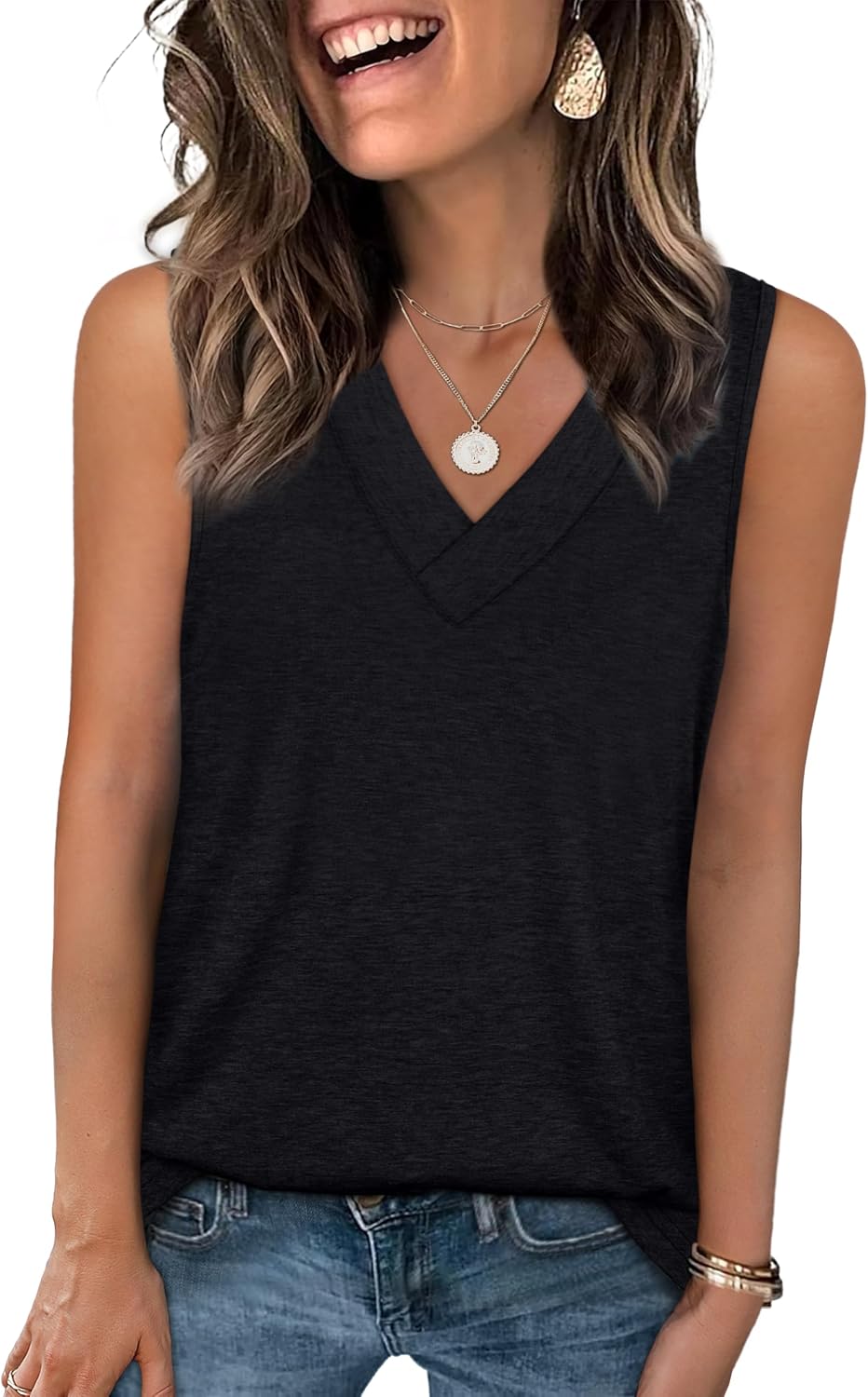 Detalle de WIHOLL Women's V-Neck Sleeveless Tank Top – Summer Casual Loose Fit