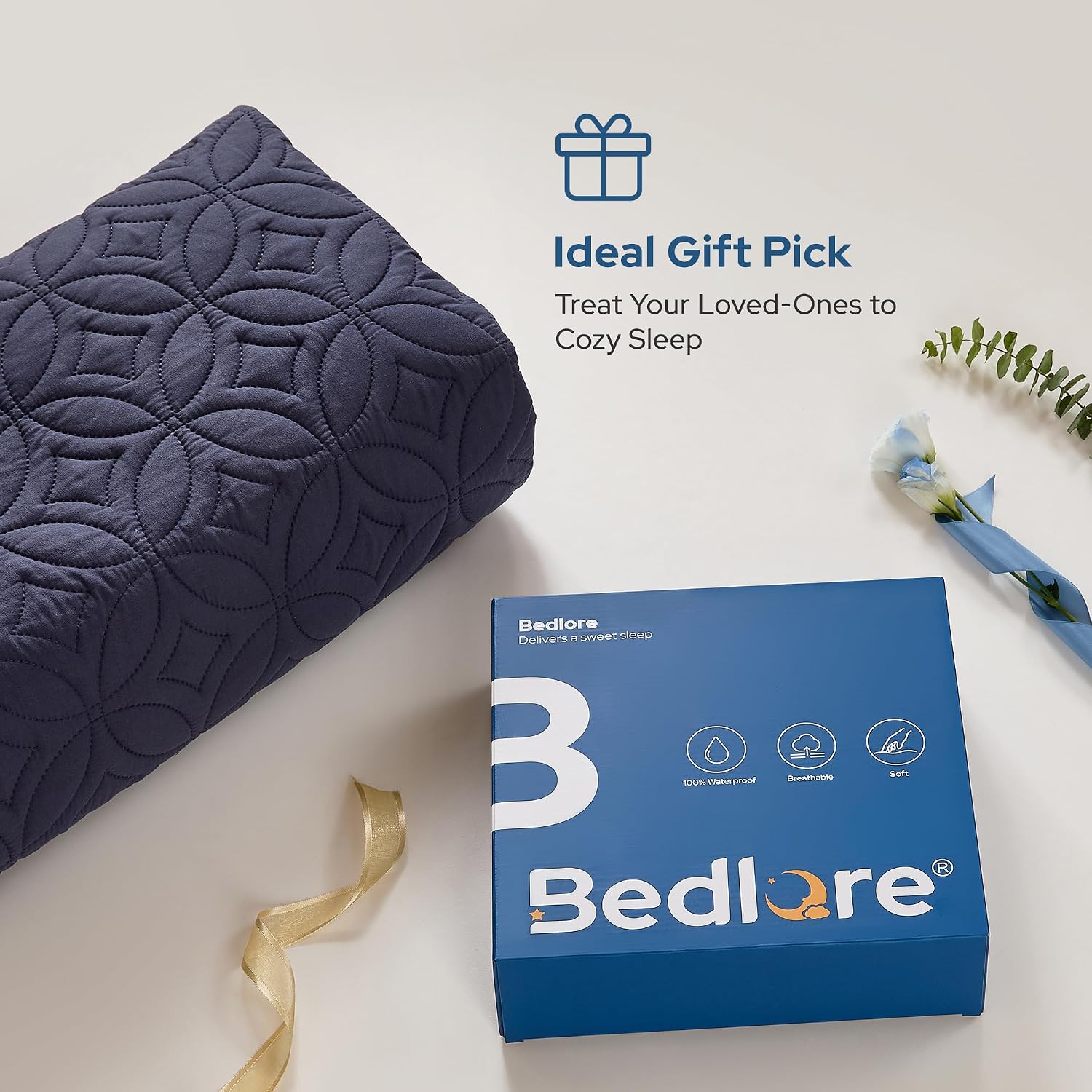 Detalle 2 de BEDLORE Twin Waterproof Mattress Protector, Navy Blue, Deep-Pocket Fit