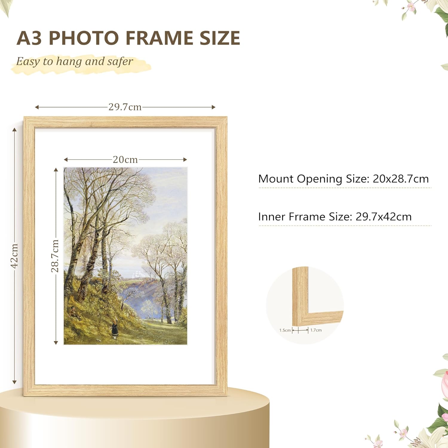 Detalle 2 de Tinkeps 2 Pack A3 Oak Picture Frame – 100% Solid Wood, Plexiglass, Wall Mountable