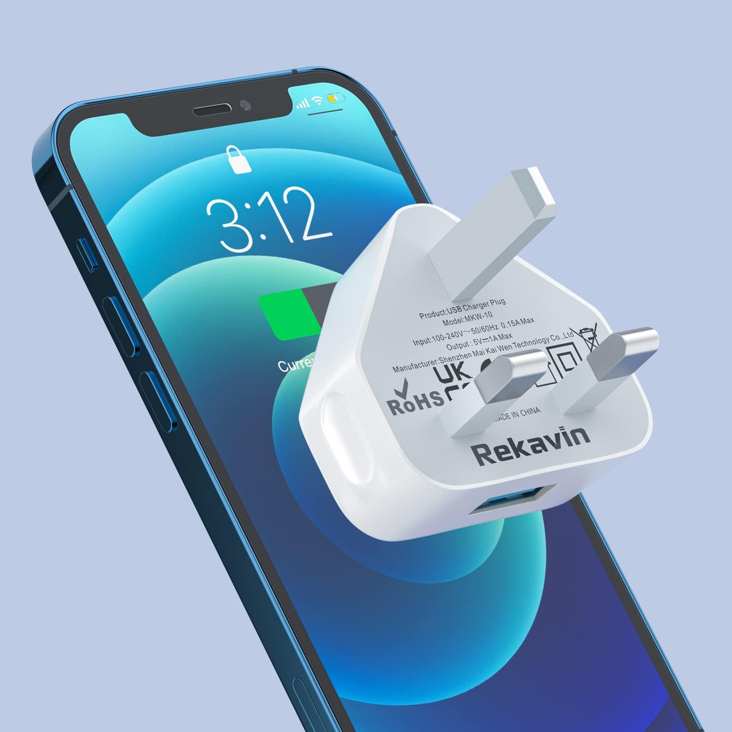 Detalle de Rekavin USB Plug Adaptor UK 2-Pack: Dual USB 5W/1A Charger Heads for iPhone & iPad