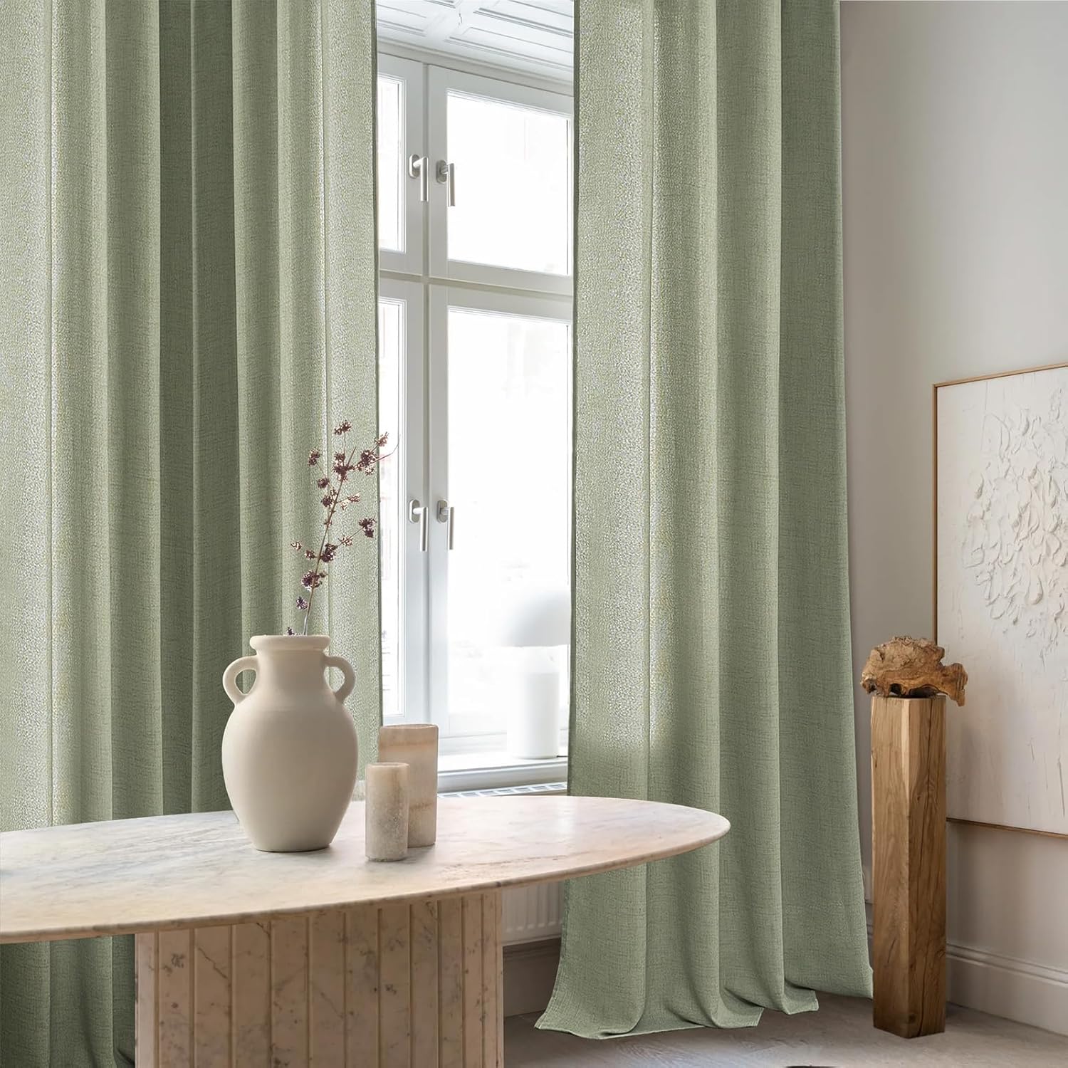 Thumbnail 4 de Lot de 2 voilages MRTREES en vert sauge avec œillets effet lin – 140x245 cm