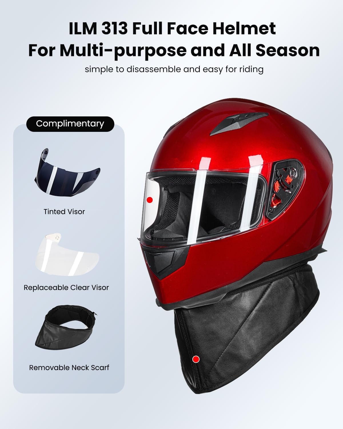 Detalle de ILM-313 Full Face Street Bike Helmet (DOT) with 2 Visors + Removable Winter Neck Scarf, Bright Red (L)