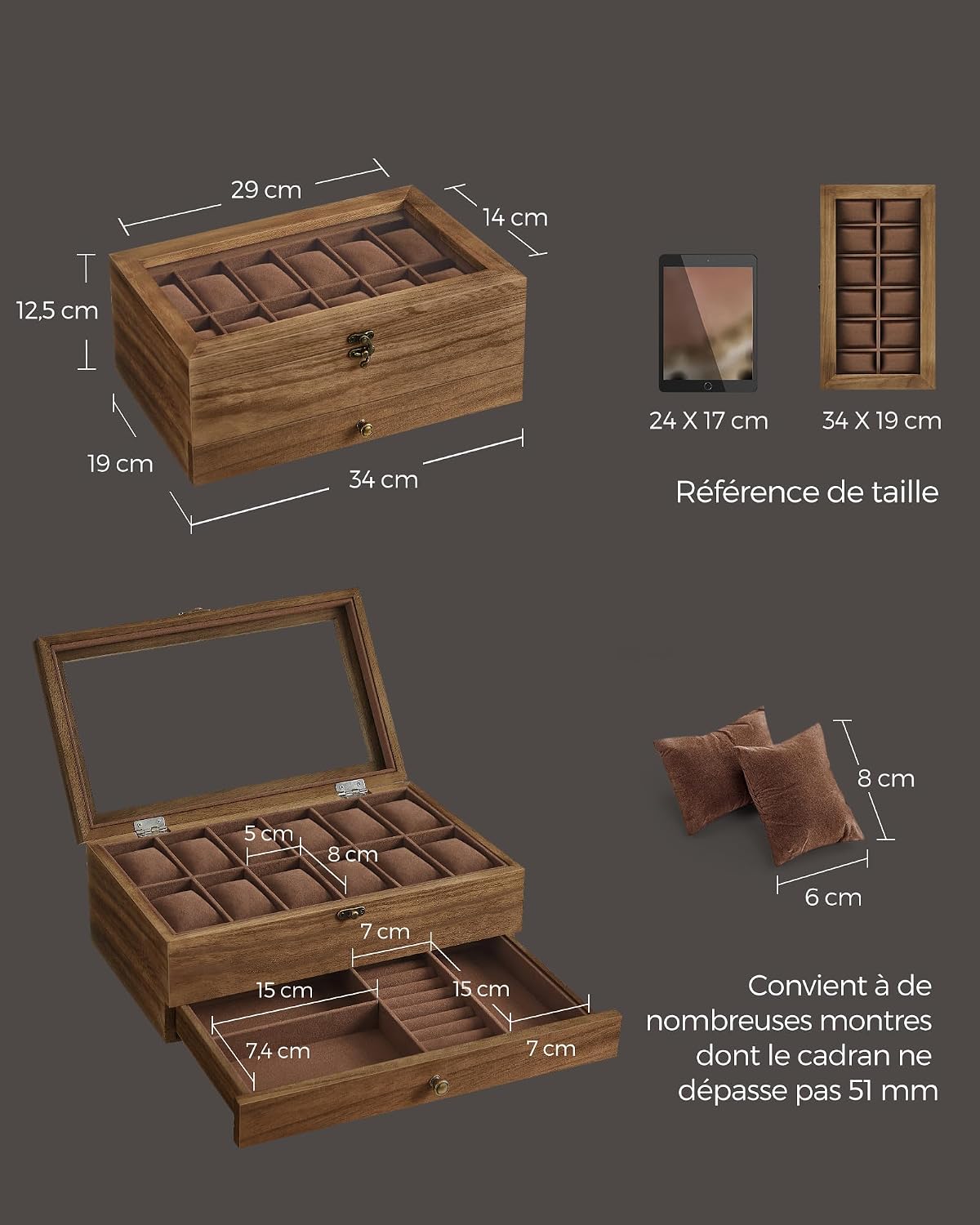 Thumbnail 4 de SONGMICS boîte à montres 12 emplacements