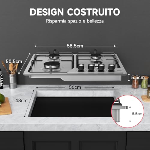Detalle 2 de IsEasy Piano Cottura 4 Fuochi Gas, 60 cm Inox: piano cottura integrato e versatile
