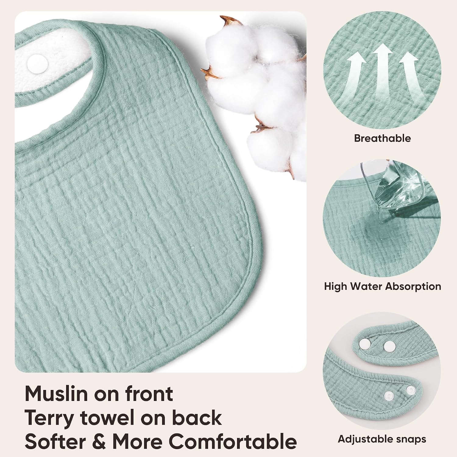 Detalle de bearmoss Muslin Baby Dribble Bibs (100% cotton) – 8-pack bandana-style bibs for drool & teething