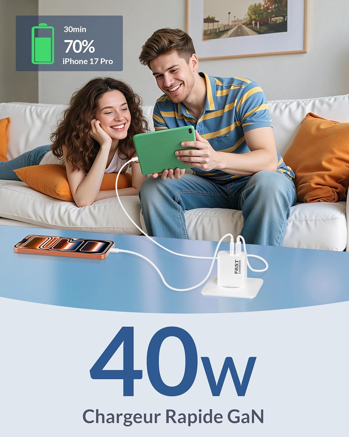 Detalle 2 de Chargeur rapide 60W USB-C/USB-A 2 ports – pack 2 adaptateurs USBC 40W + USB-A 20W pour iPhone 17/16/15 et iPad 10/11 Gen A16