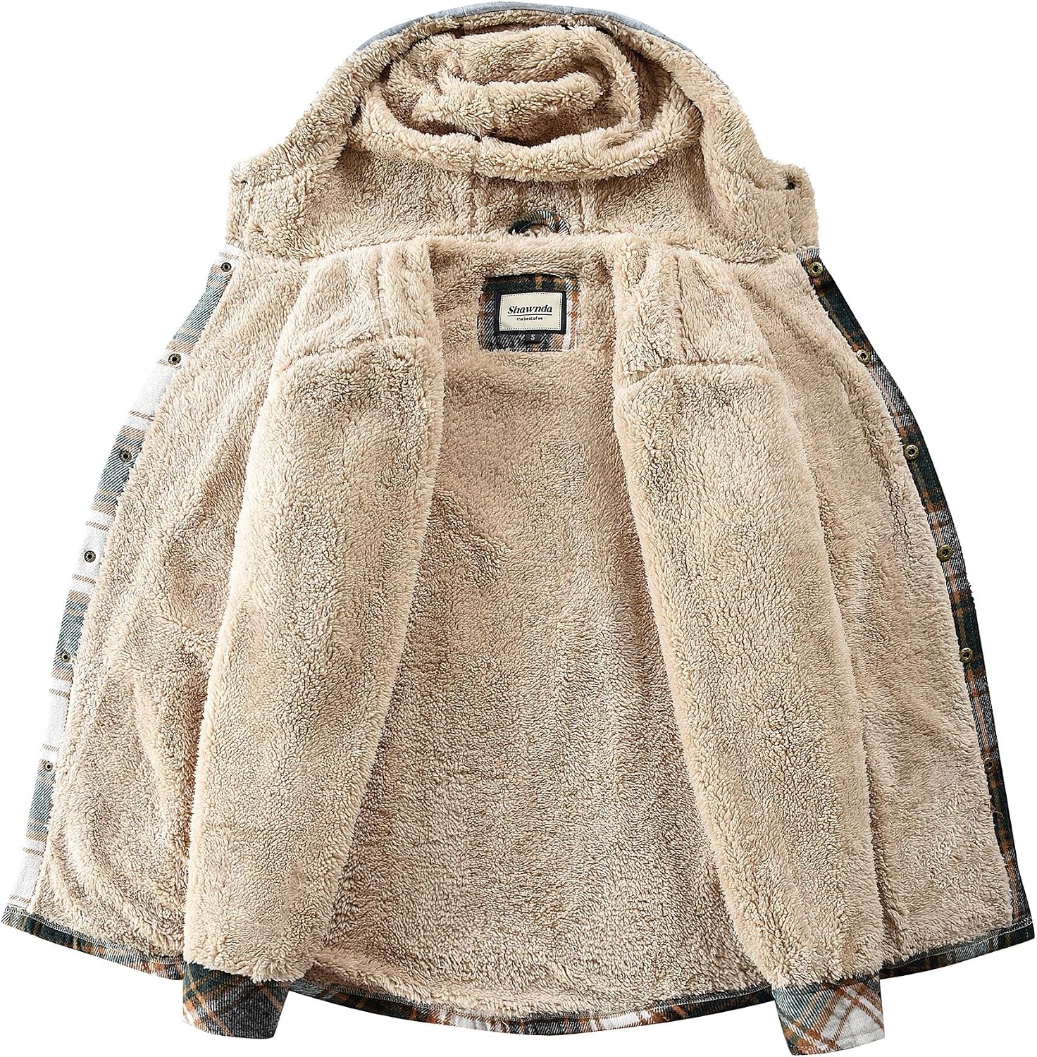 Detalle 2 de Shawnda Men's Hooded Sherpa-Lined Flannel Shirt Jacket with Snap Front