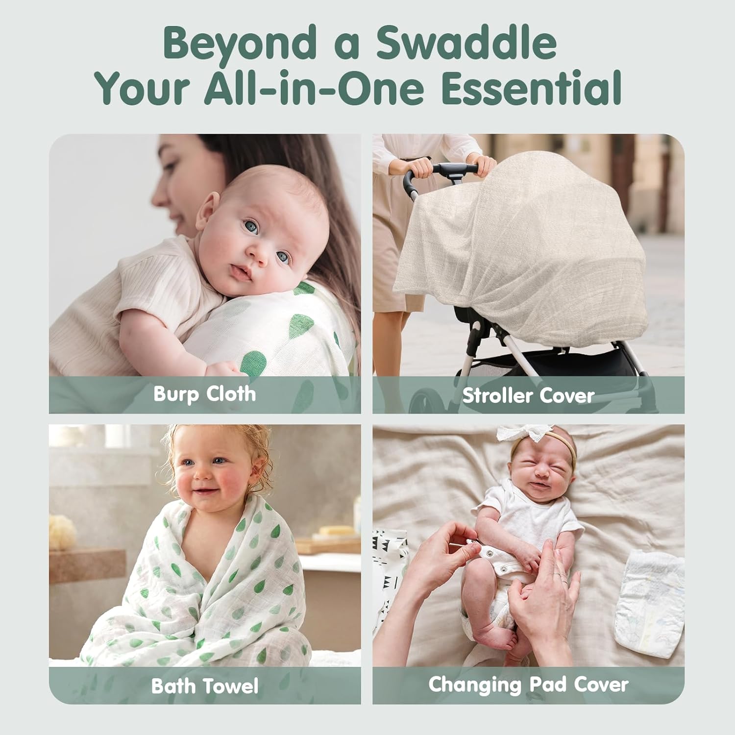 Thumbnail 6 de hahaland 100% Bamboo Muslin Swaddle Blankets 3 Pack (1 Large 120x120cm + 2 Standard 100x100cm) in Green